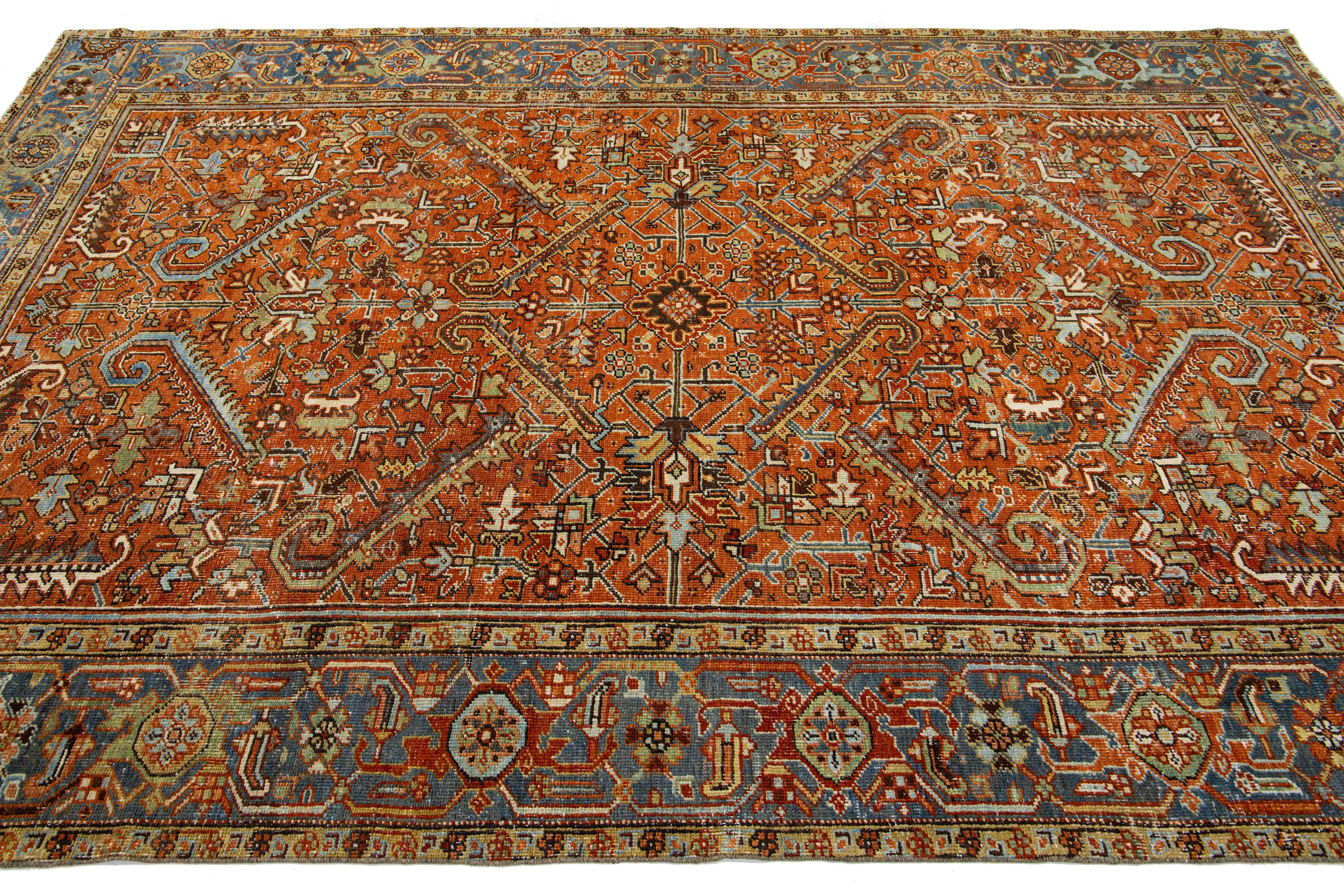 1910s Orange-Rust Antique Persian Heriz Wool Rug Handmade with Allover Pattern In Excellent Condition For Sale In Norwalk, CT