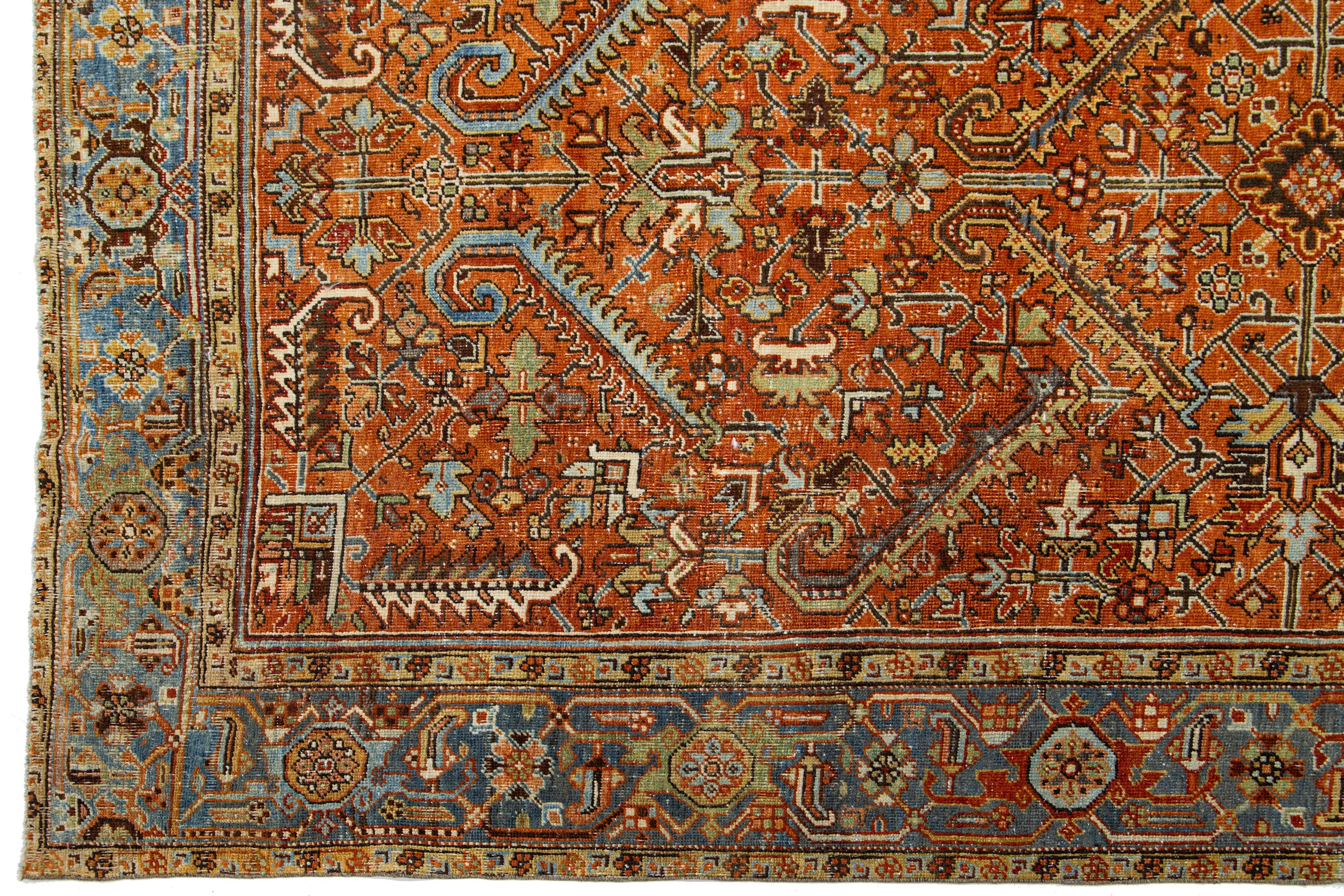 20th Century 1910s Orange-Rust Antique Persian Heriz Wool Rug Handmade with Allover Pattern For Sale