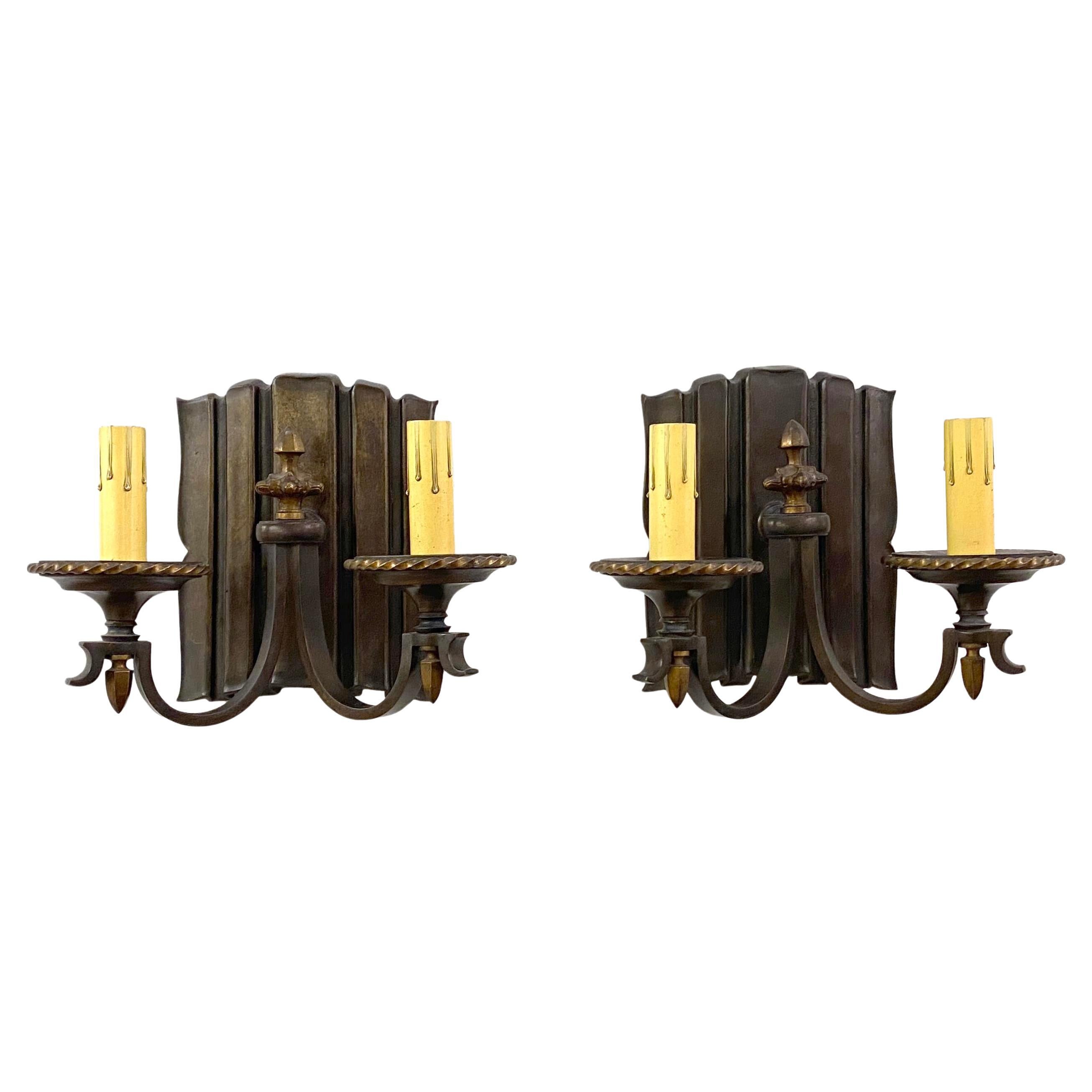 1910s Par Linenfold Bronce Apliques 2 Luces Pátina Original