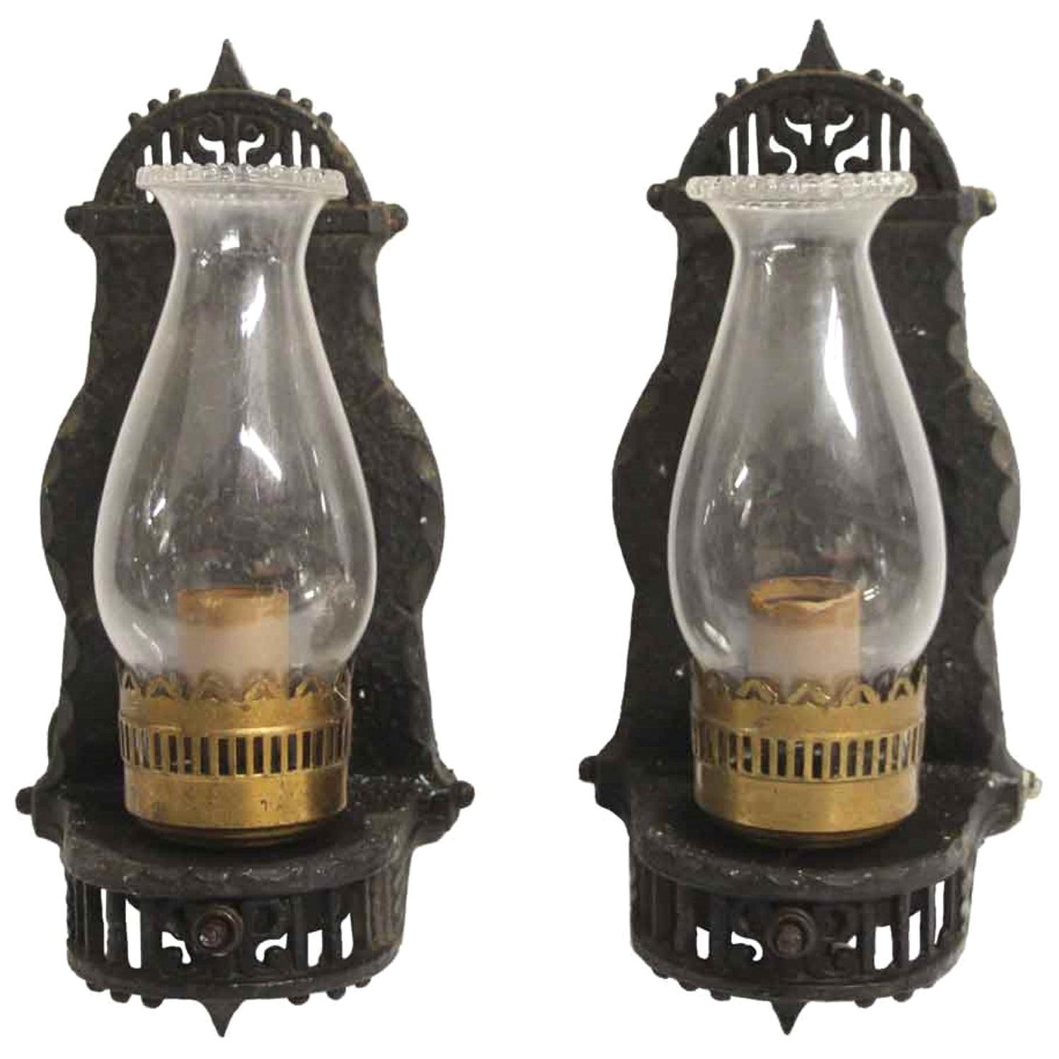 1910s Pair of Arts & Crafts Wall Sconces Cast Iron with Glass Chimneys