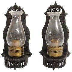 1910s Pair of Arts & Crafts Wall Sconces Cast Iron with Glass Chimneys