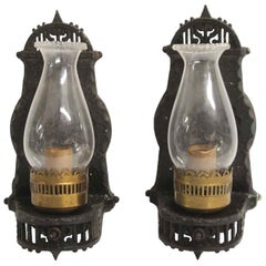 1910s Pair of Arts 
Crafts Wall Sconces Cast Iron with Glass Chimneys