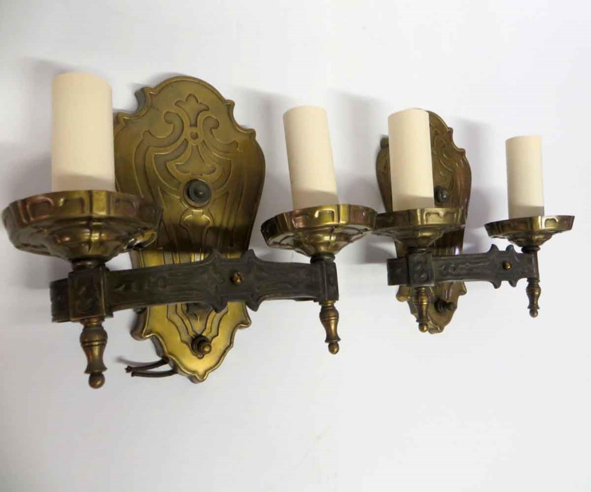 1910s Pair of Brass Two-Arm Wall Sconces Art Nouveau Style In Good Condition In New York, NY