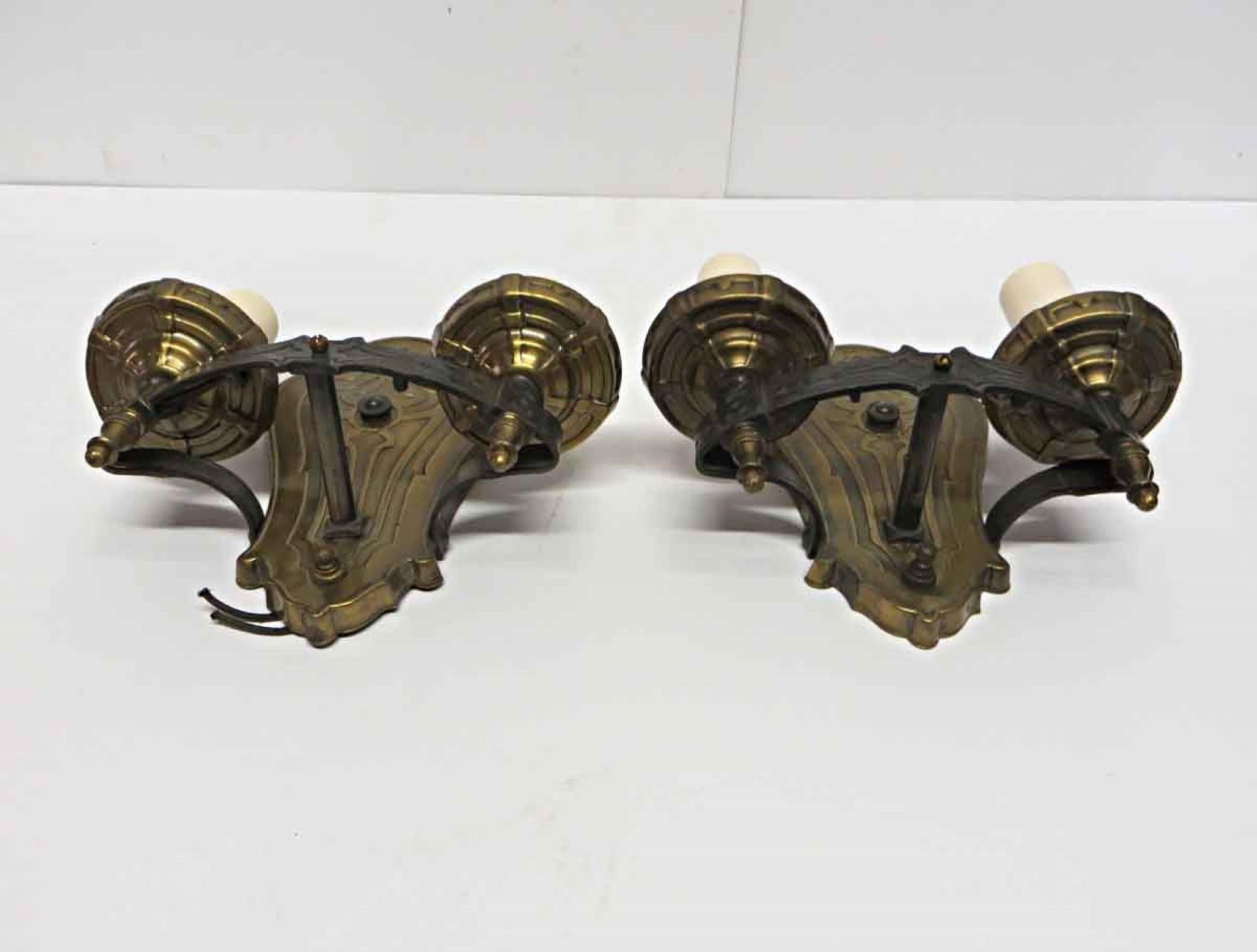 Early 20th Century 1910s Pair of Brass Two-Arm Wall Sconces Art Nouveau Style