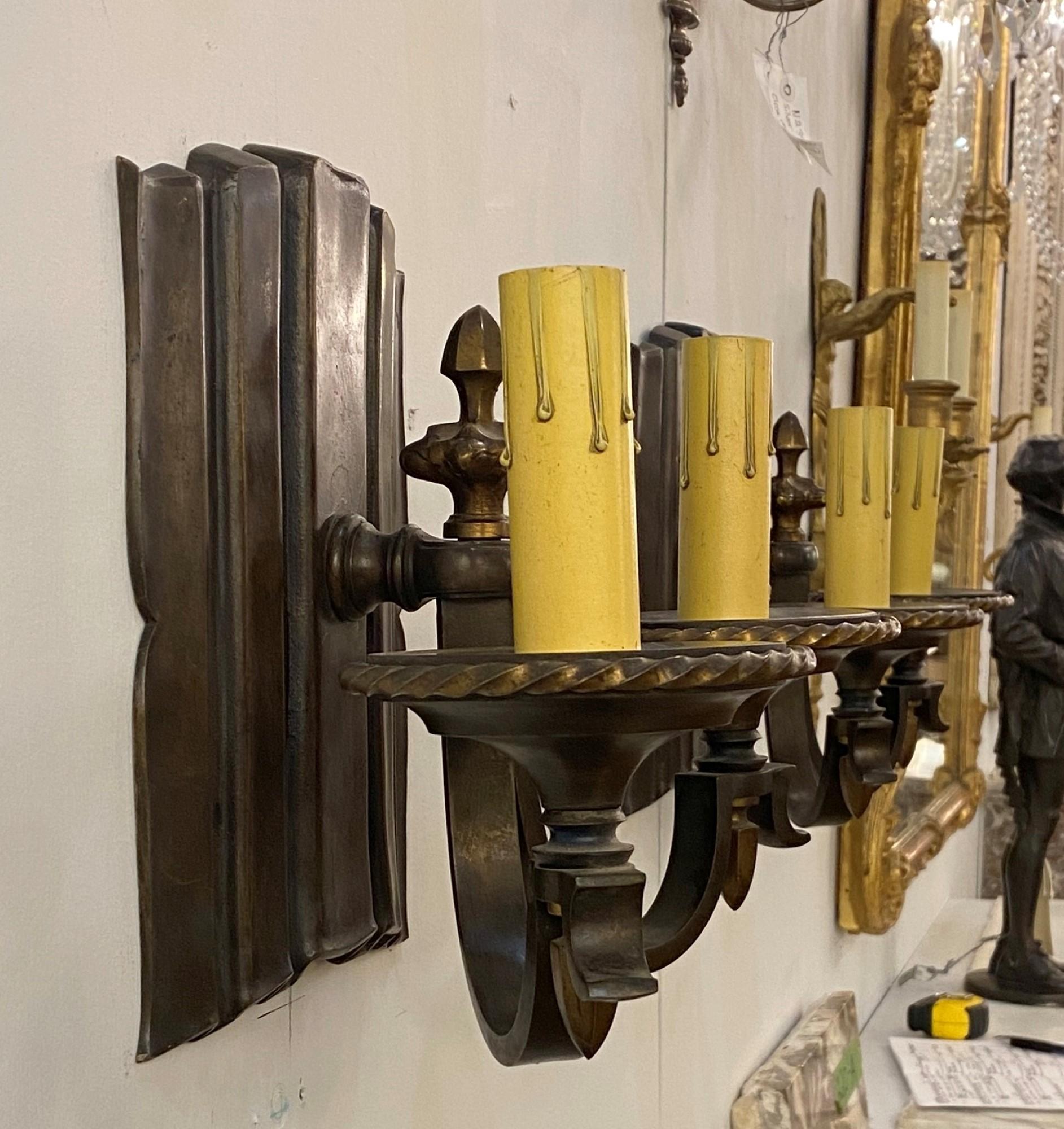 1910s Pair Bronze Linenfold Sconces 2 Lights Original Patina In Good Condition For Sale In New York, NY