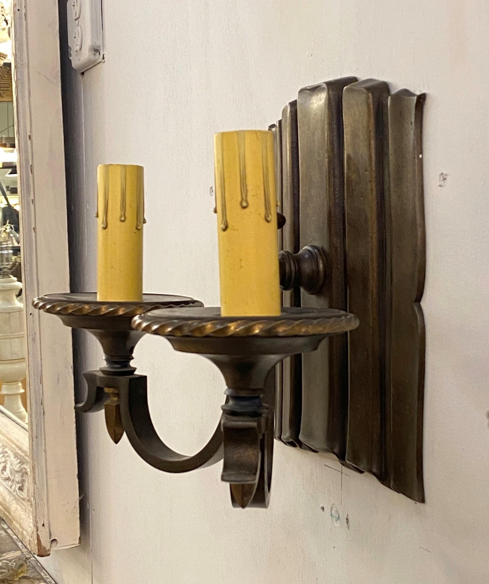 Early 20th Century 1910s Pair Bronze Linenfold Sconces 2 Lights Original Patina For Sale