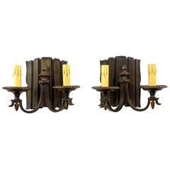 1910s Pair Bronze Linenfold Sconces 2 Lights Original Patina