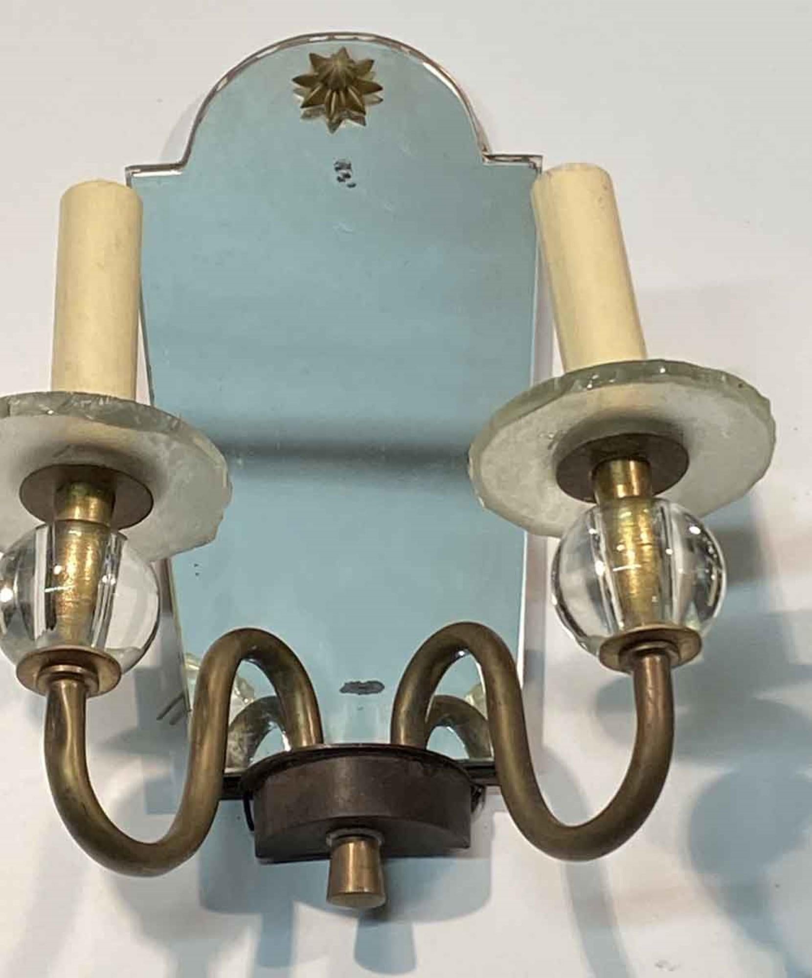Brass 1910s Pair of French Two-Arm Star Motif Mirrored Wall Sconces