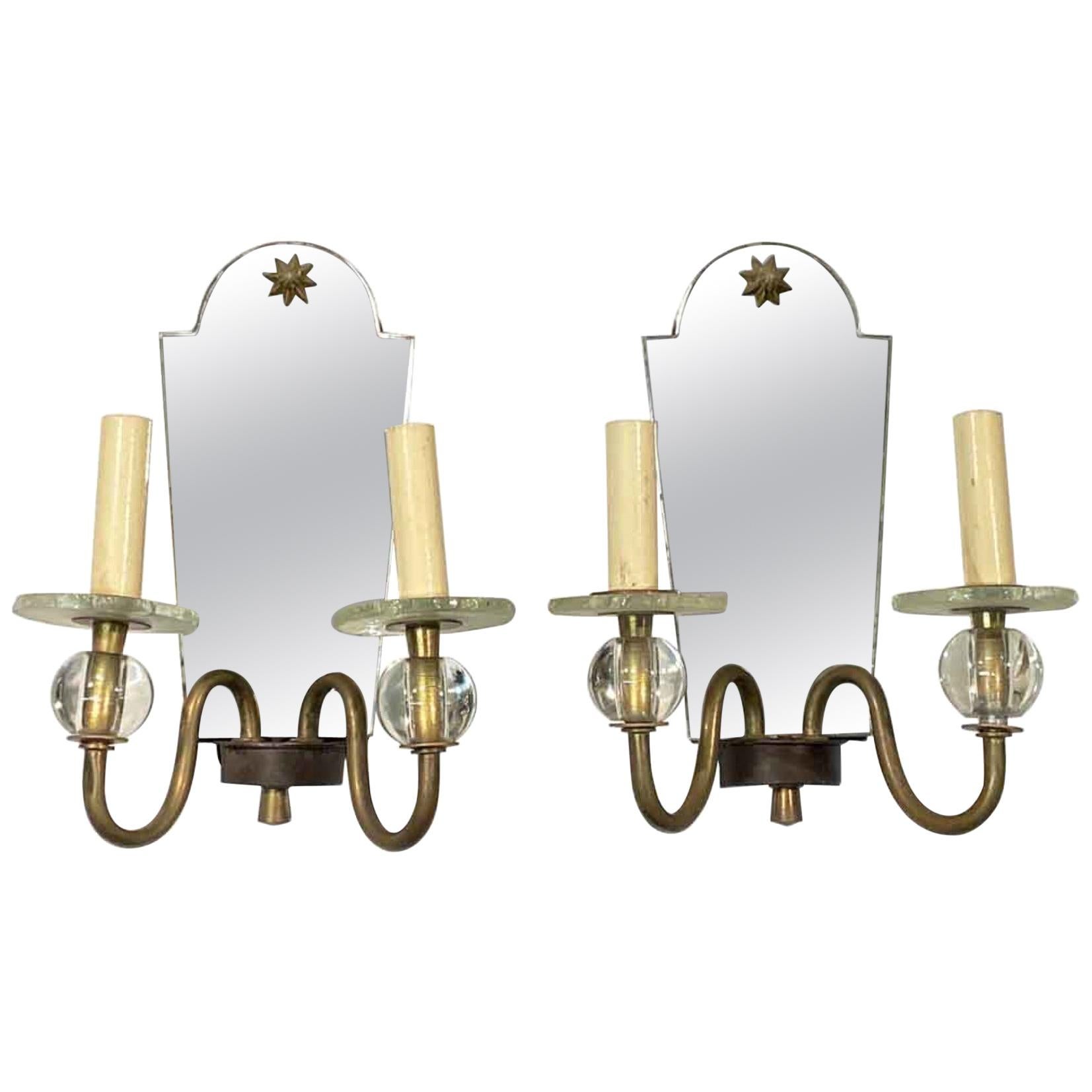 1910s Pair of French Two-Arm Star Motif Mirrored Wall Sconces