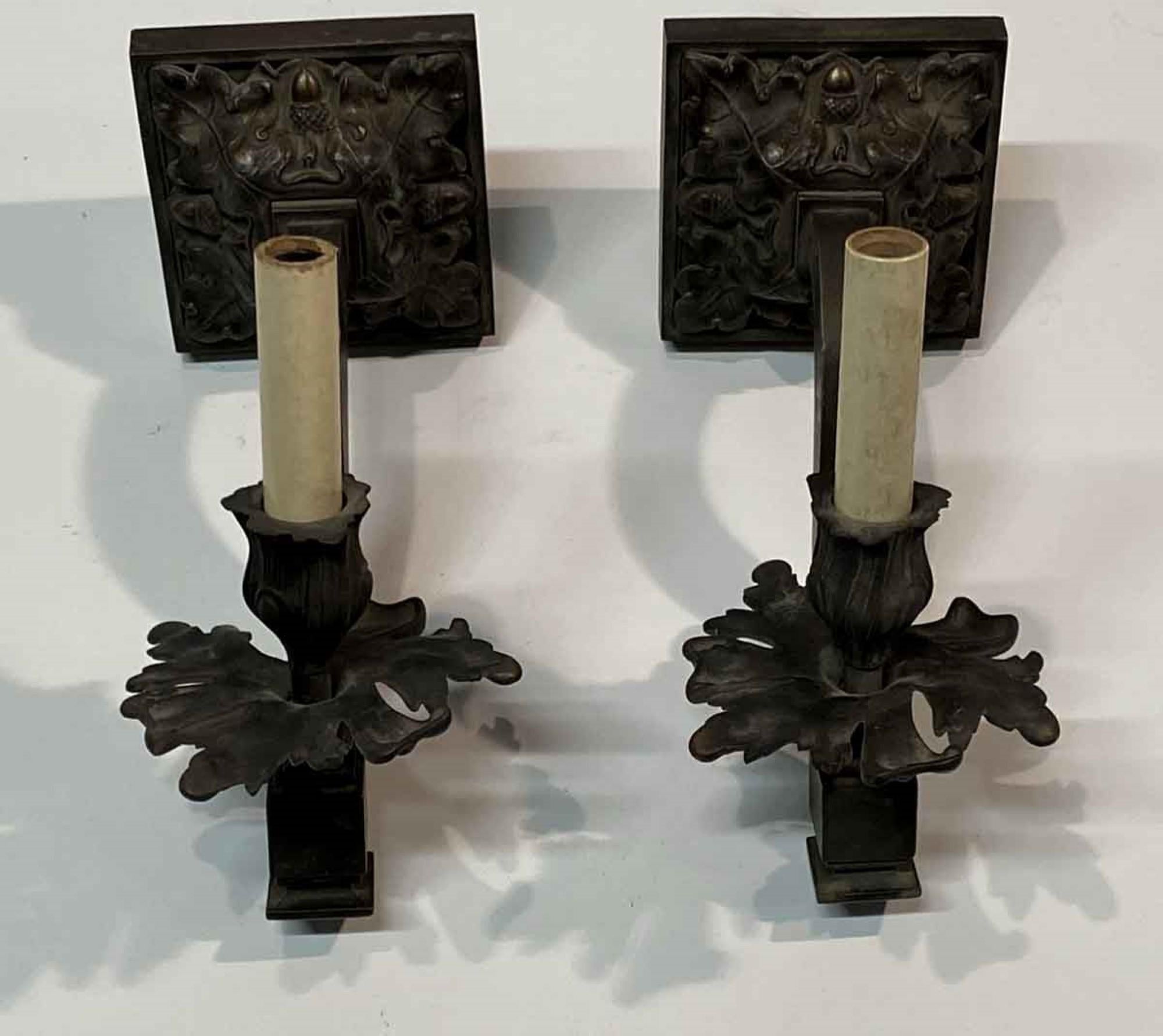 Early 20th Century 1910s Pair of Heavy Bronze French Oak Leaf & Acorn Sconces Floral One-Light Ea