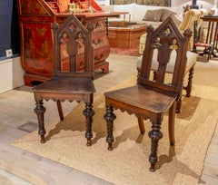 1910s Pair of Neo-Gothic Oak Chairs with Turned Legs
