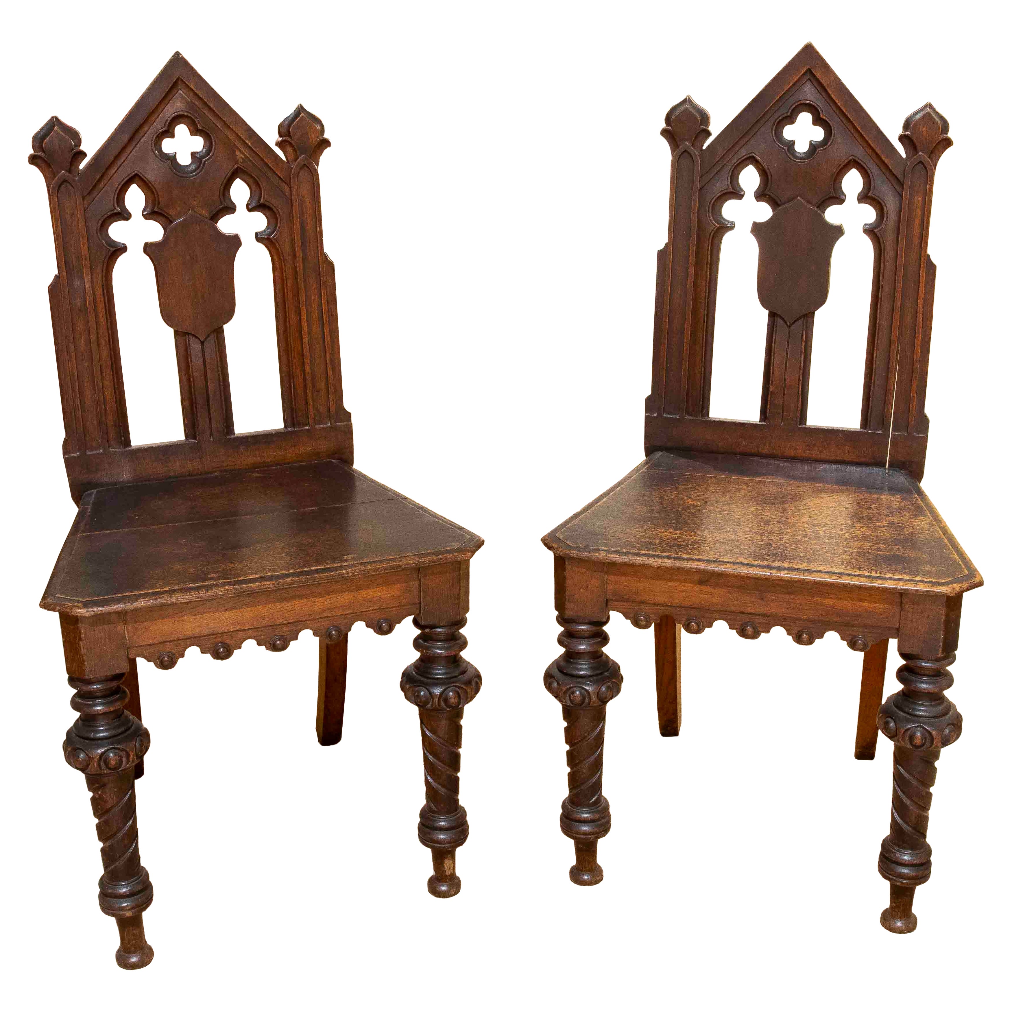 1910s Pair of Neo-Gothic Oak Chairs with Turned Legs