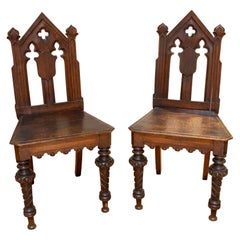 1910s Pair of Neo-Gothic Oak Chairs with Turned Legs