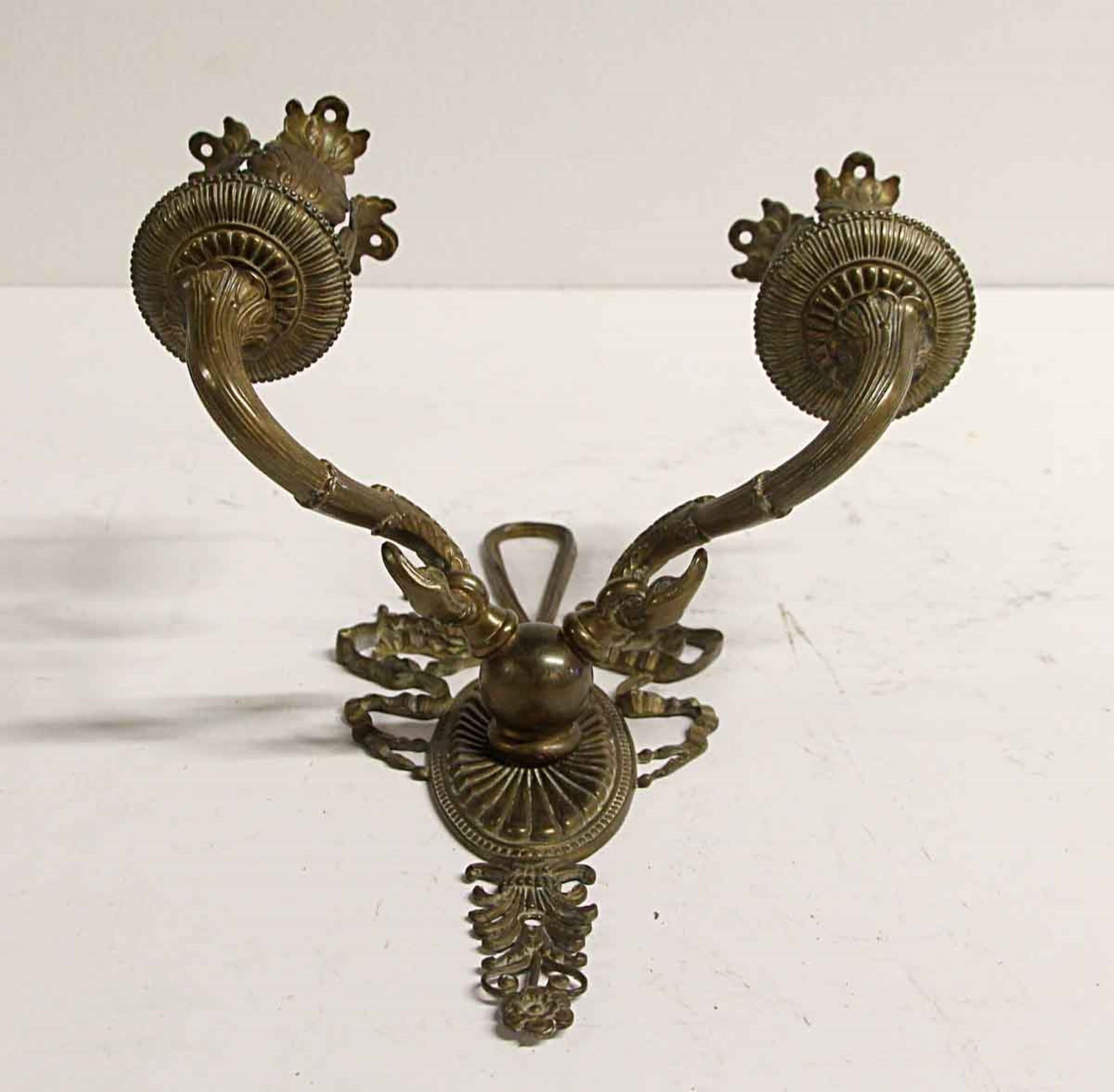 1910s Pair of Petite Bronze Federal Two-Arm Wall Sconces, Floral Details 3