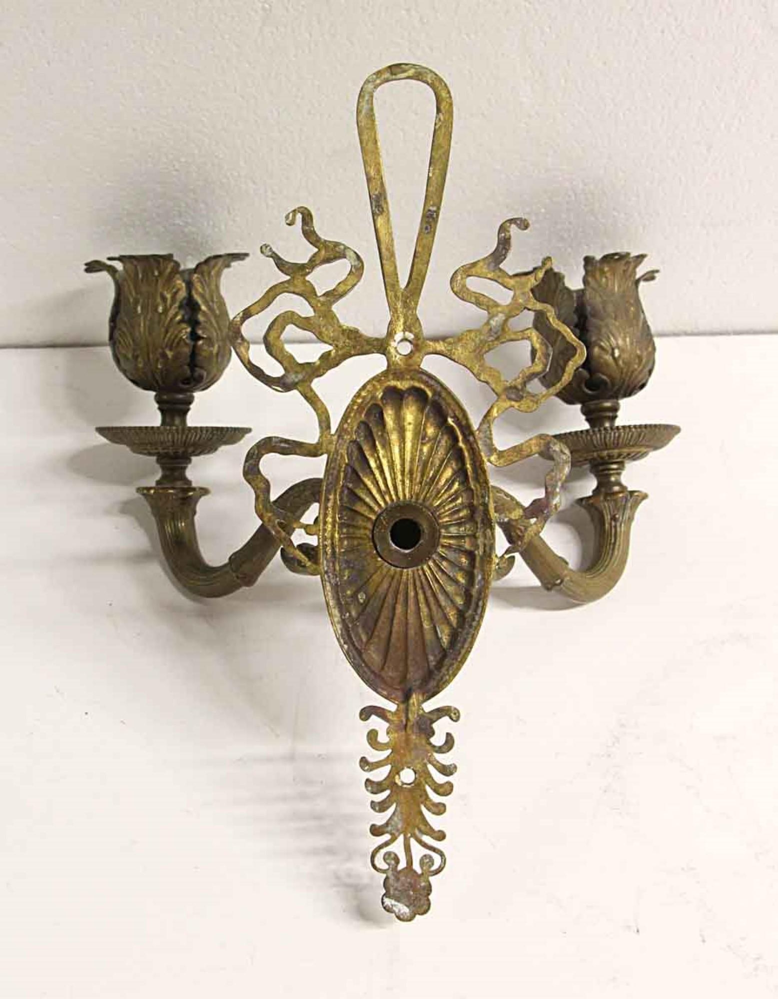 1910s Pair of Petite Bronze Federal Two-Arm Wall Sconces, Floral Details 4