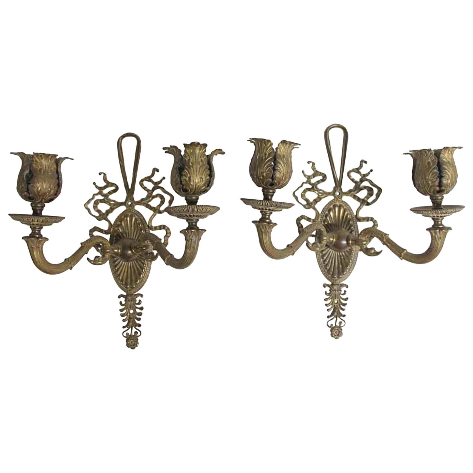 1910s Pair of Petite Bronze Federal Two-Arm Wall Sconces, Floral Details