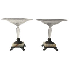 1910s Pairpoint Crystal Compotes with Bronze and Marble Base, Pair