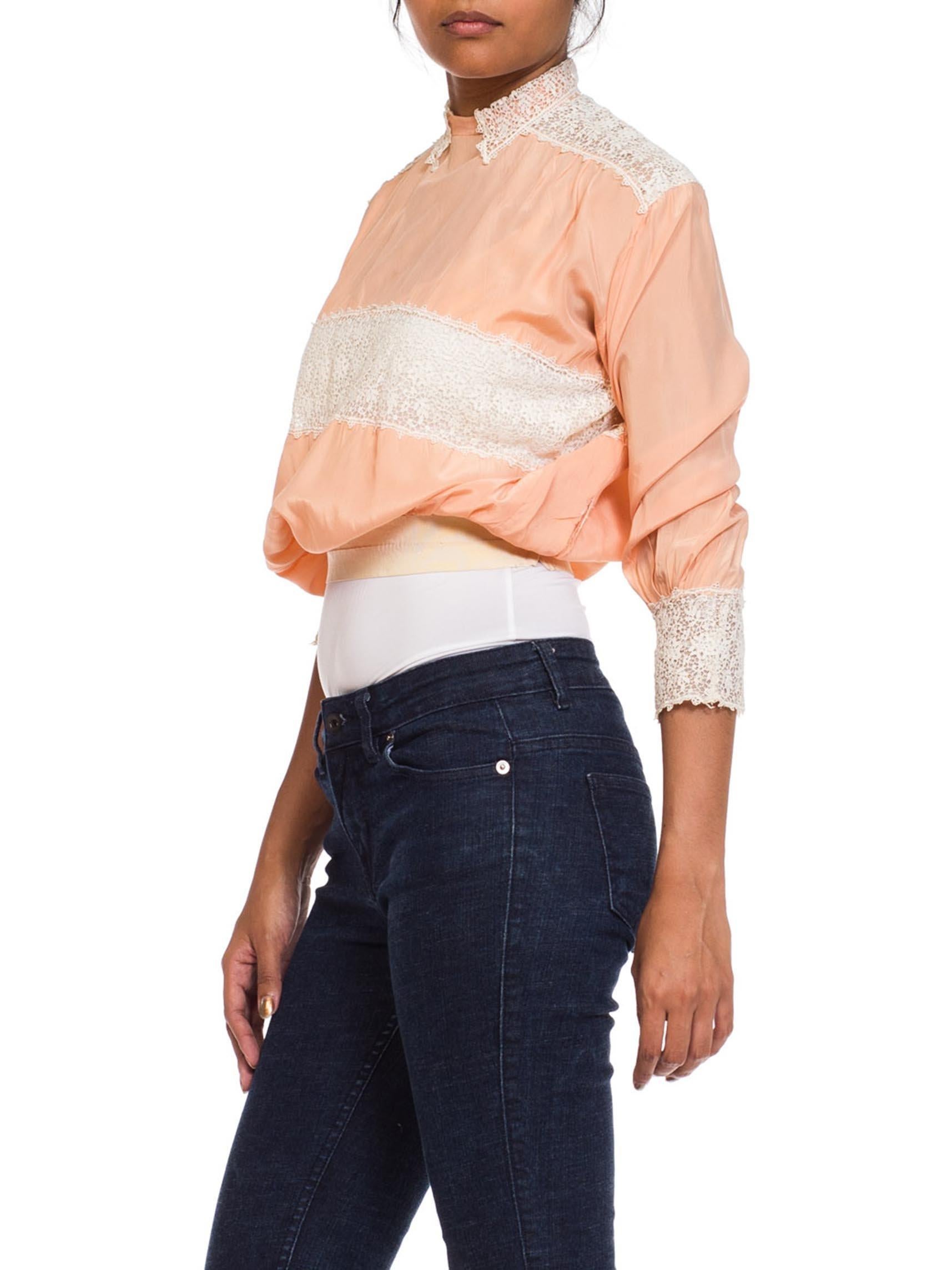 Edwardian Peach Rayon & Lace Entirely Hand Stitched Blouse In Excellent Condition For Sale In New York, NY