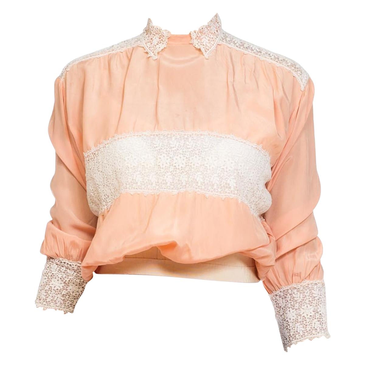 Edwardian Peach Rayon & Lace Entirely Hand Stitched Blouse For Sale