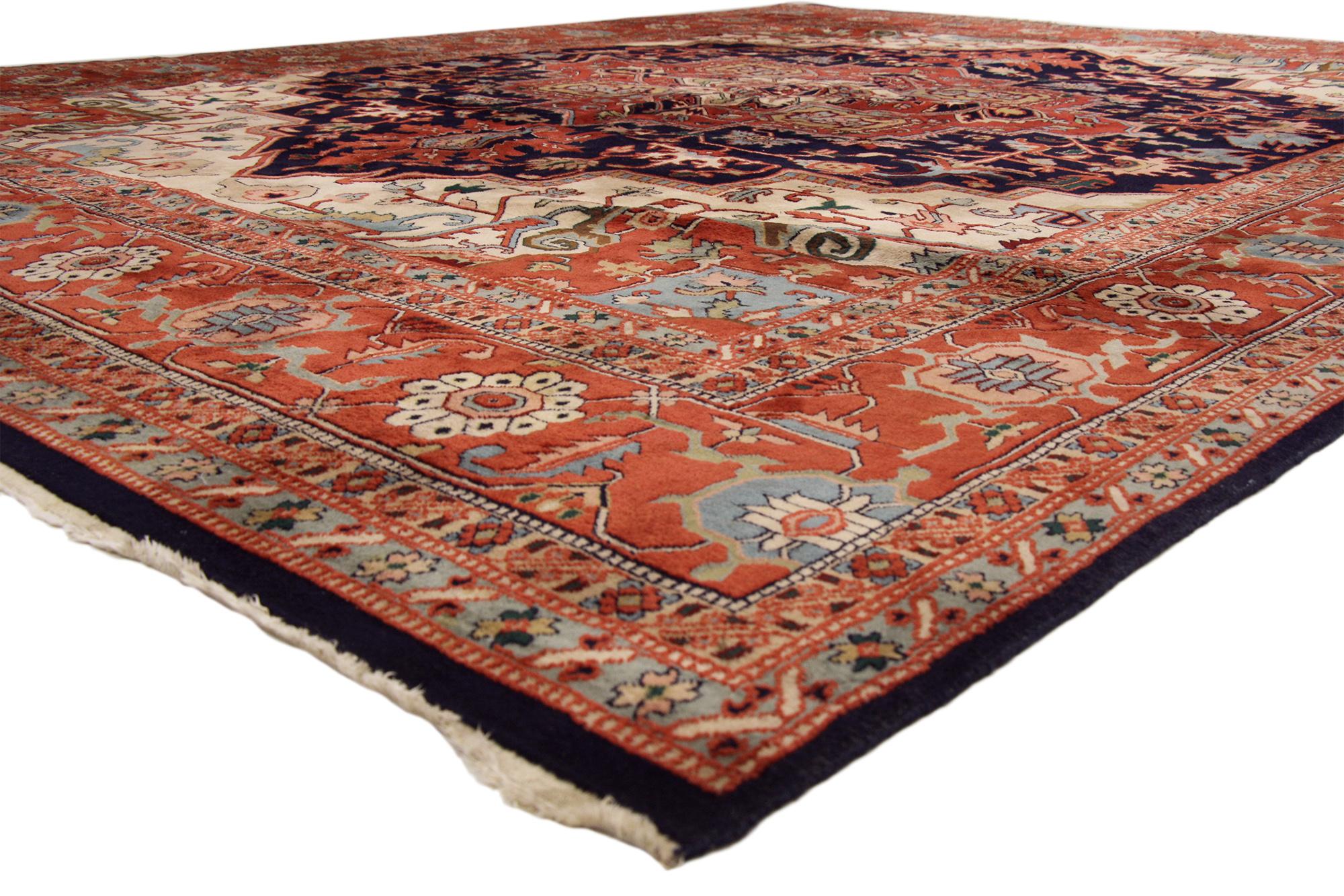 74402 Antique Persian Heriz Rug, 12'03 x 15'06. Like a celestial compass etched in wool, this magnificent hand-knotted antique Persian Heriz rug captures the grandeur of the early 20th century. At the heart of its vast composition lies a stately