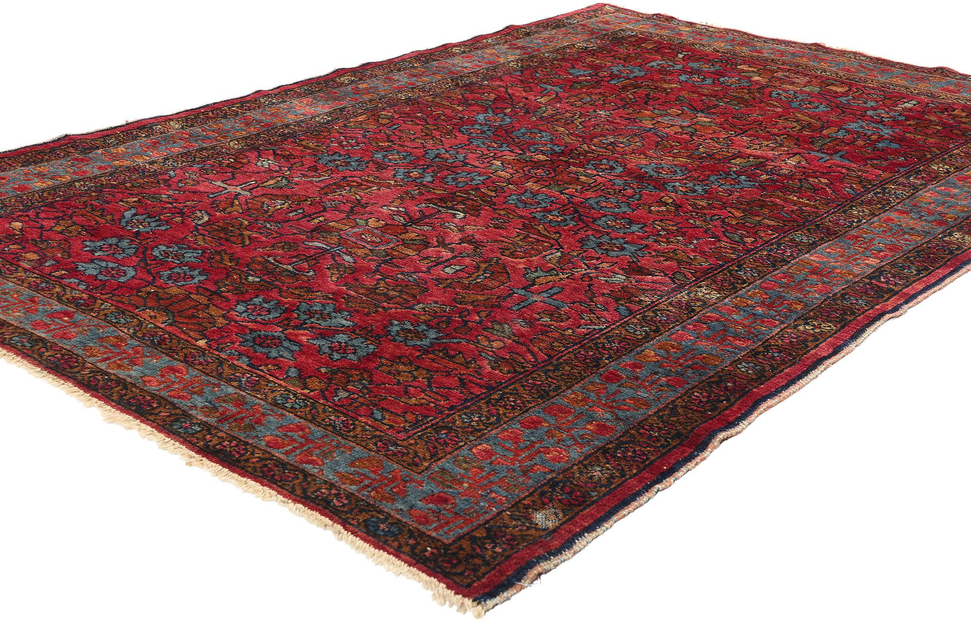 79090 Antiker roter persischer Lilihan-Teppich, 04'10 x 06'09. Dieser handgeknüpfte antike persische Lilihan-Teppich aus Wolle, der mit exquisiter Kunstfertigkeit hergestellt wurde, erzählt die Geschichte zeitloser persischer Handwerkskunst. Dieser