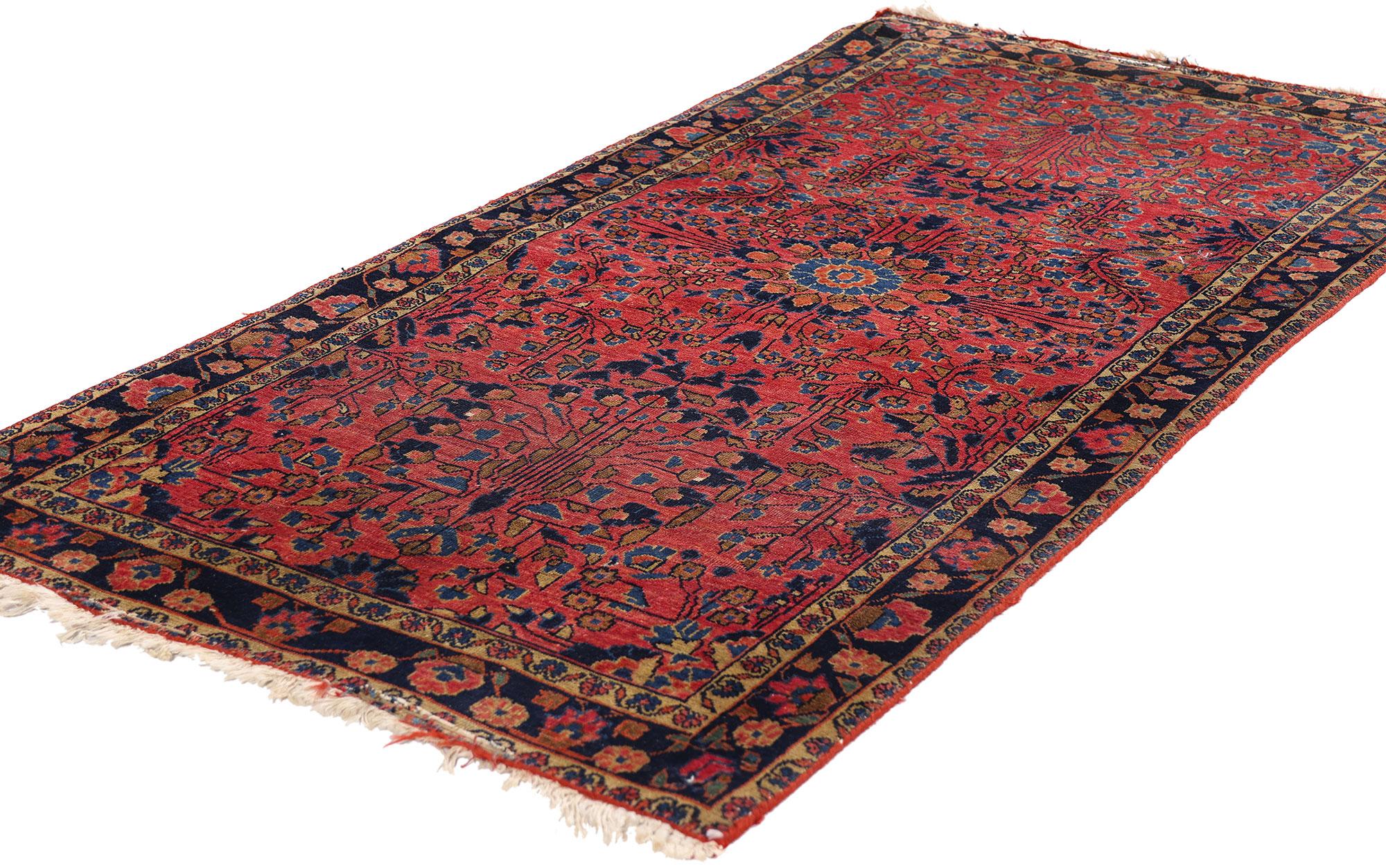 79285 Antique Red Persian Sarouk Rug, 02'06 x 04'10. This hand-knotted wool antique Persian Sarouk rug is a rare jewel of early 20th-century artistry, a precious masterpiece that whispers of prestige and refined taste. Woven in the renowned Sarouk