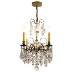 1910s Petite Crystal and Bronze French Chandelier with 4 Arms and Crystal Swags