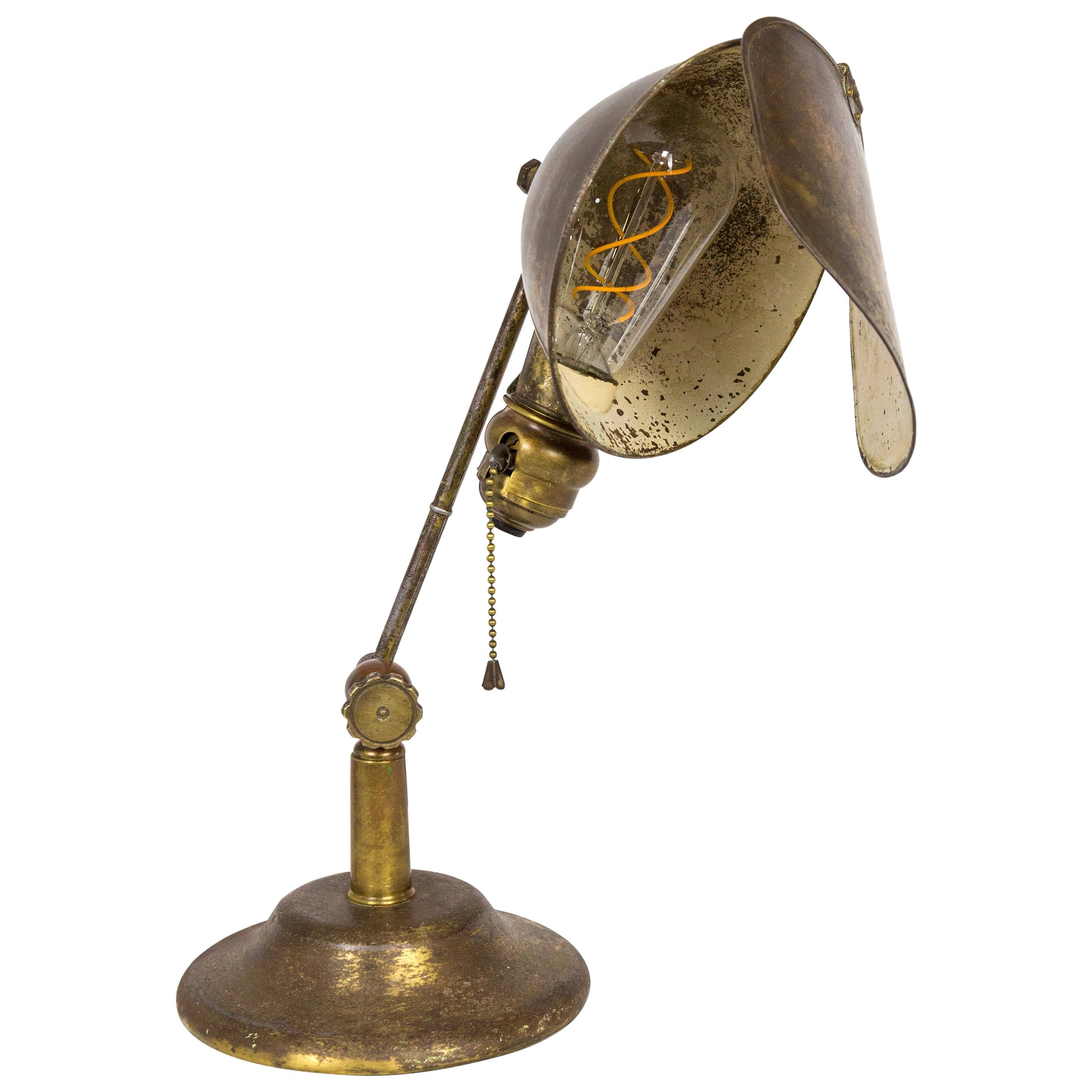 1910s Petite Lyhne Adjustable Brass Task Lamp with Glare Guard