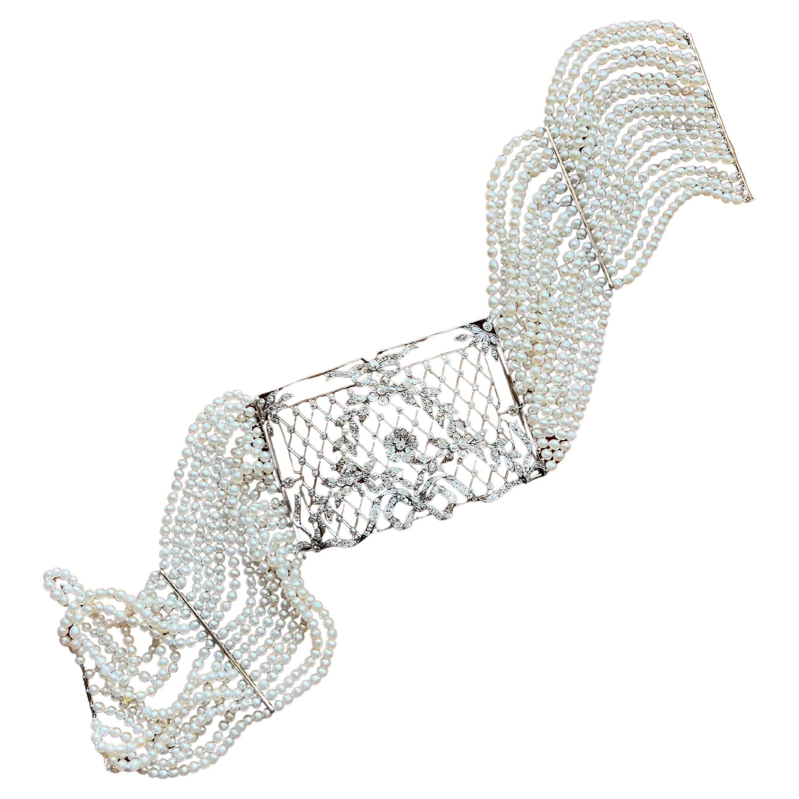 1910s Platinum Natural Pearl and Diamond Choker Necklace