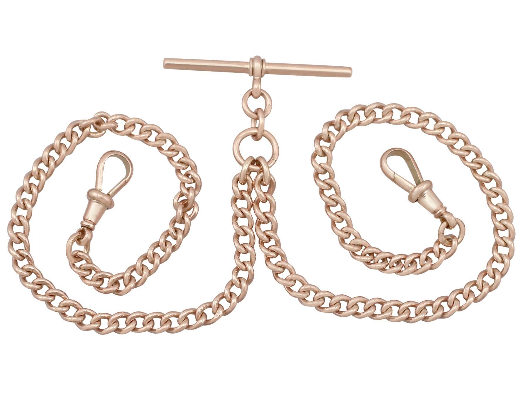 A fine and impressive antique 9 karat rose gold double Albert watch chain; part of our antique jewelry and estate jewelry collections

This fine and impressive rose gold Albert watch chain has been crafted in 9k rose gold.

The rounded curb chain