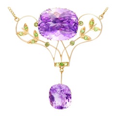 1910s, Russian 40.68 Carat Amethyst and Demantoid Garnet Yellow Gold Pendant