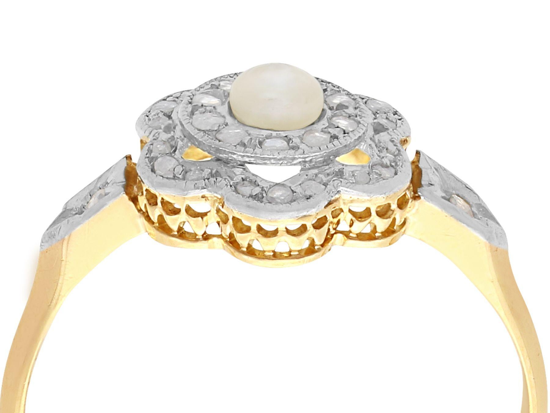 Eine beeindruckende antike Französisch 0,18 Karat Diamant und Perle, 18 Karat Gelb-und Weißgold Kleid Ring; Teil unserer vielfältigen antiken Schmucksammlungen.

Dieser feine und beeindruckende Ring aus Saatperlen und Diamanten ist aus 18 Karat