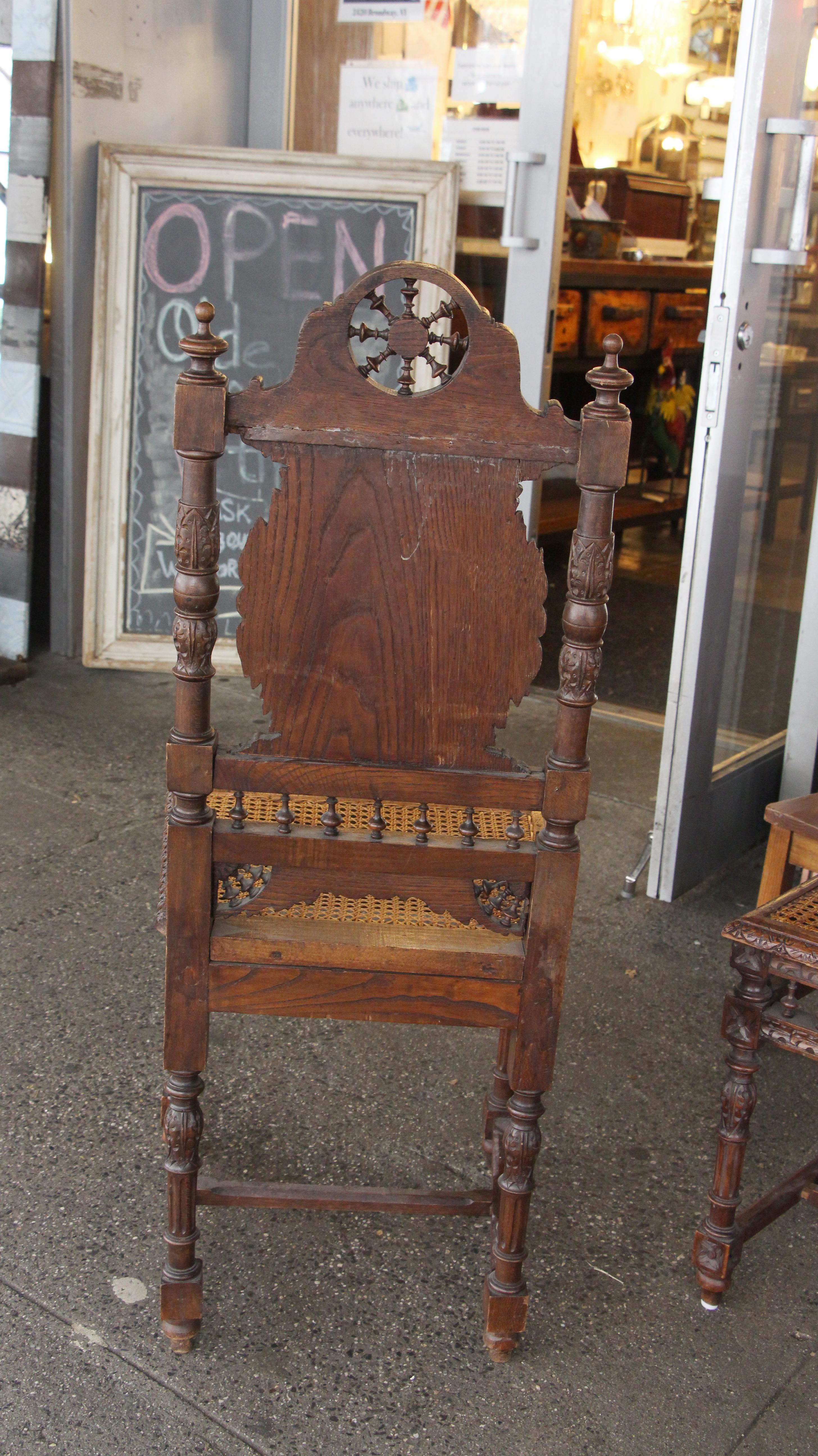 1910s Set of Five Antique English Renaissance Carved Wood & Wicker Chairs 2