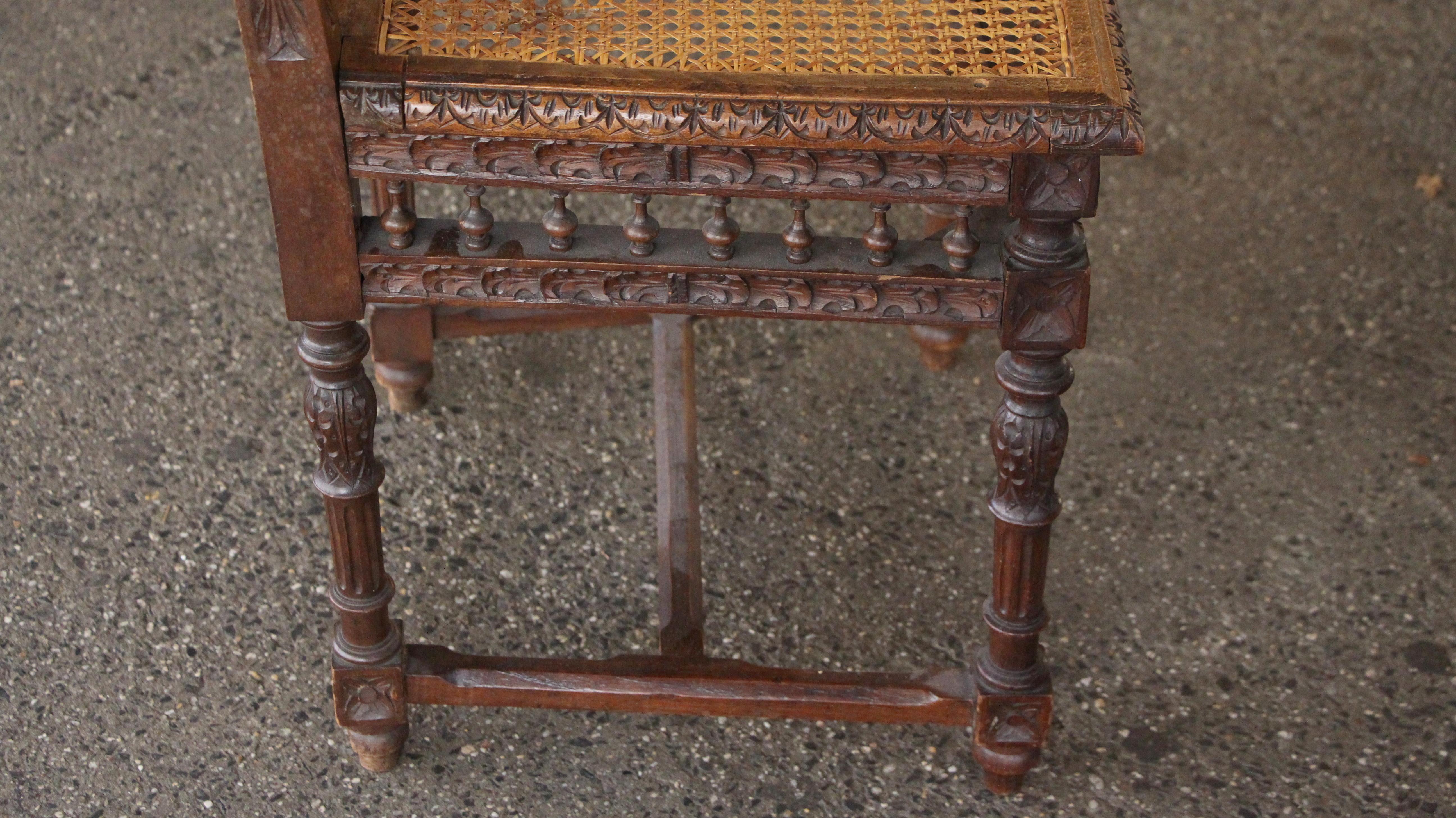 1910s Set of Five Antique English Renaissance Carved Wood & Wicker Chairs 1