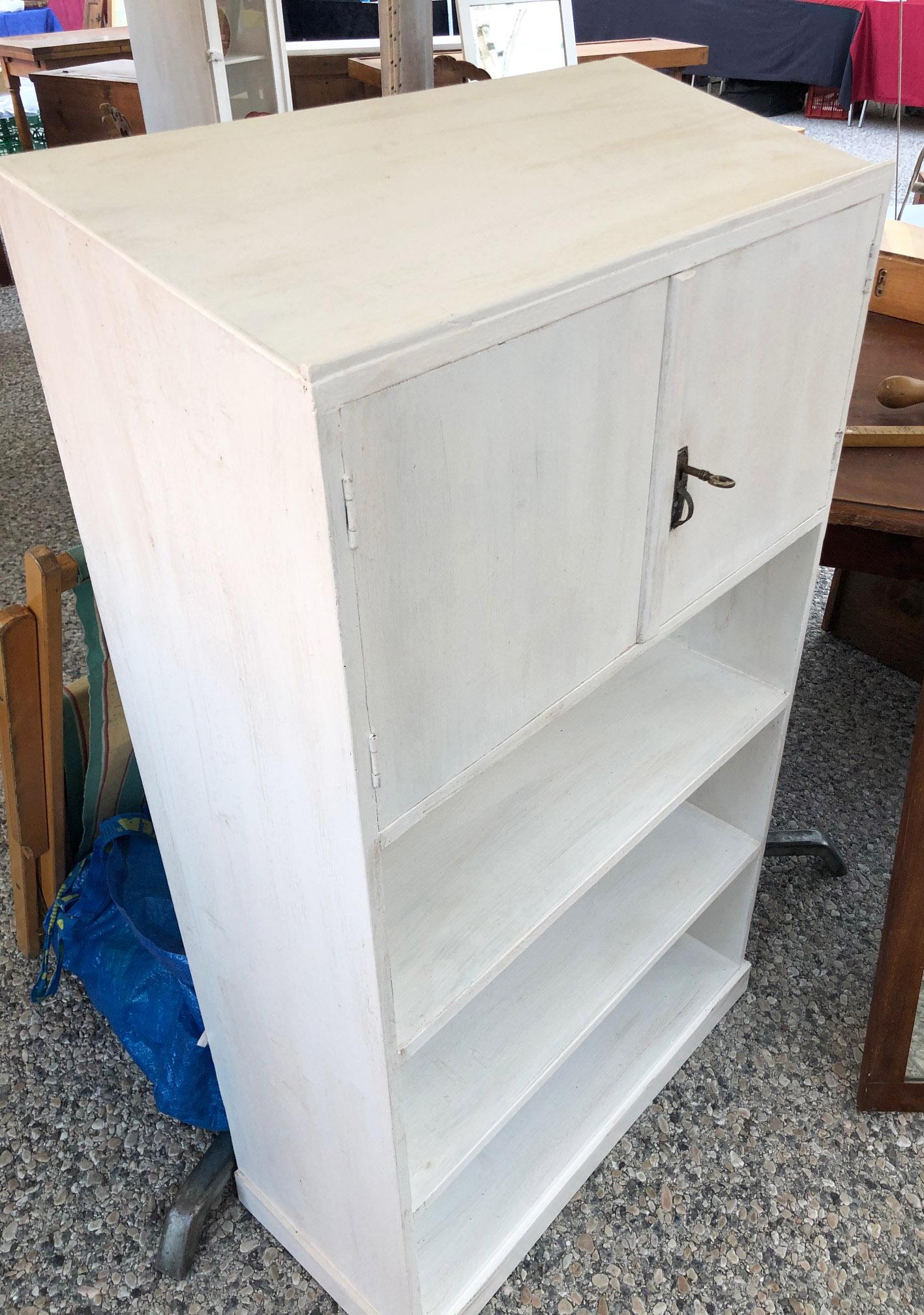 Country 1910s Shabby White Sideboard, Bookcase, Very Slender Design, Fir