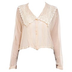 Vintage Edwardian Blush Pink Sheer Silk Chiffon Oversized Blouse With Lace Collar & Car