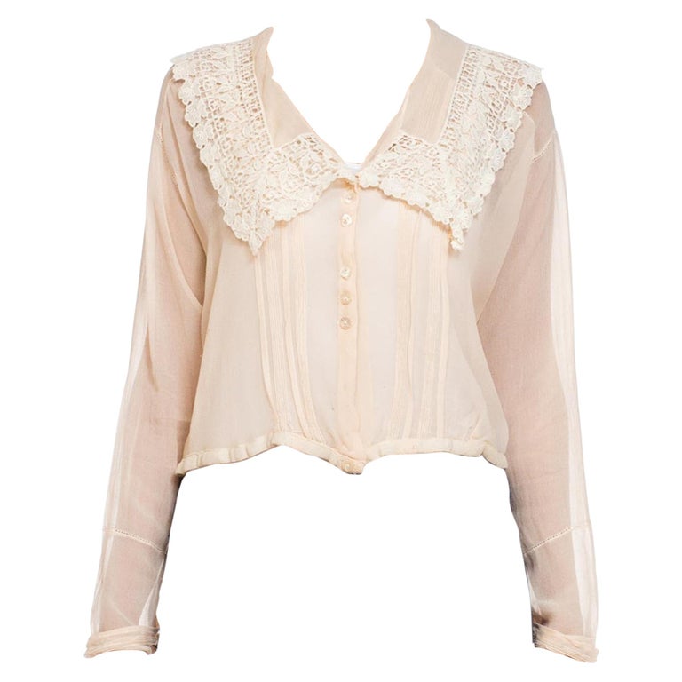 Edwardian Blush Pink Sheer Silk Chiffon Oversized Blouse With Lace ...