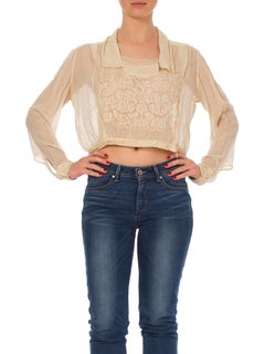 Edwardian Ecru Silk Chiffon Long Sleeve Blouse With Satin Cord Embroidery