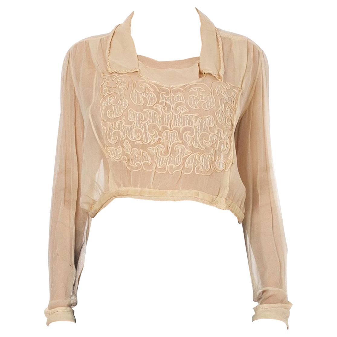 Edwardian Ecru Silk Chiffon Long Sleeve Blouse With Satin Cord Embroidery