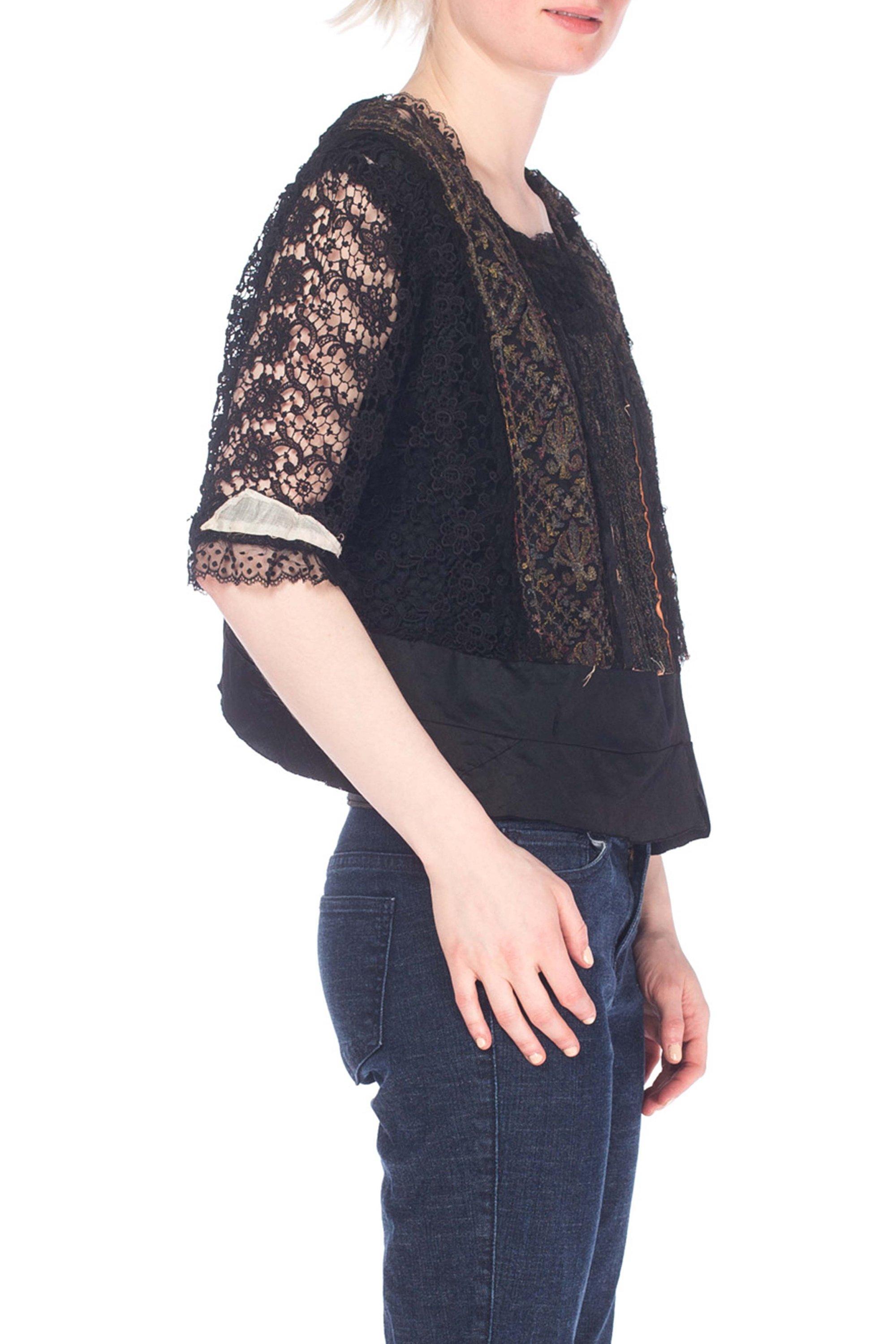 Edwardian Black Silk & Lace Top With Metallic Embroidery, As-Is In Excellent Condition For Sale In New York, NY