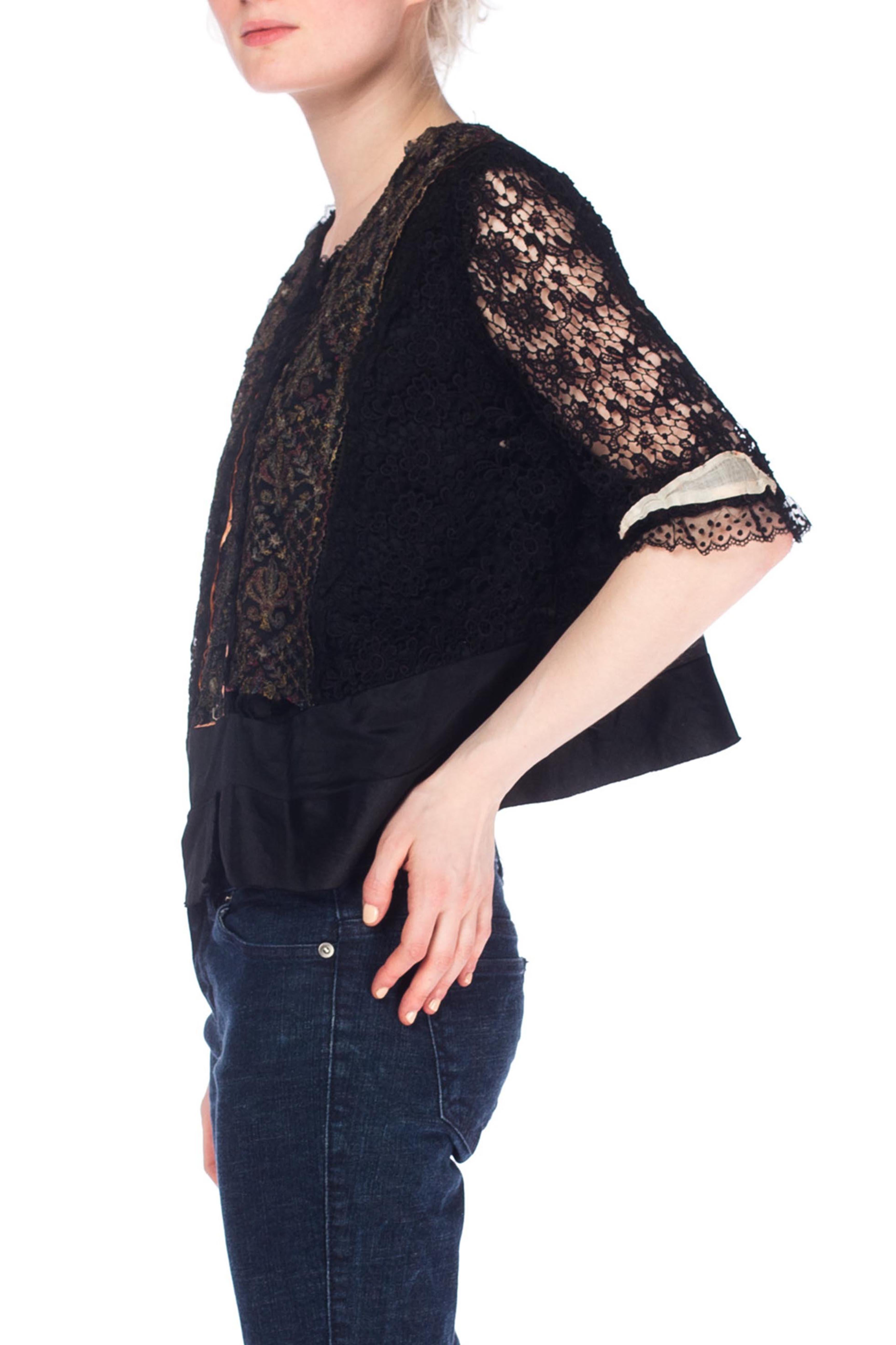 Women's Edwardian Black Silk & Lace Top With Metallic Embroidery, As-Is For Sale