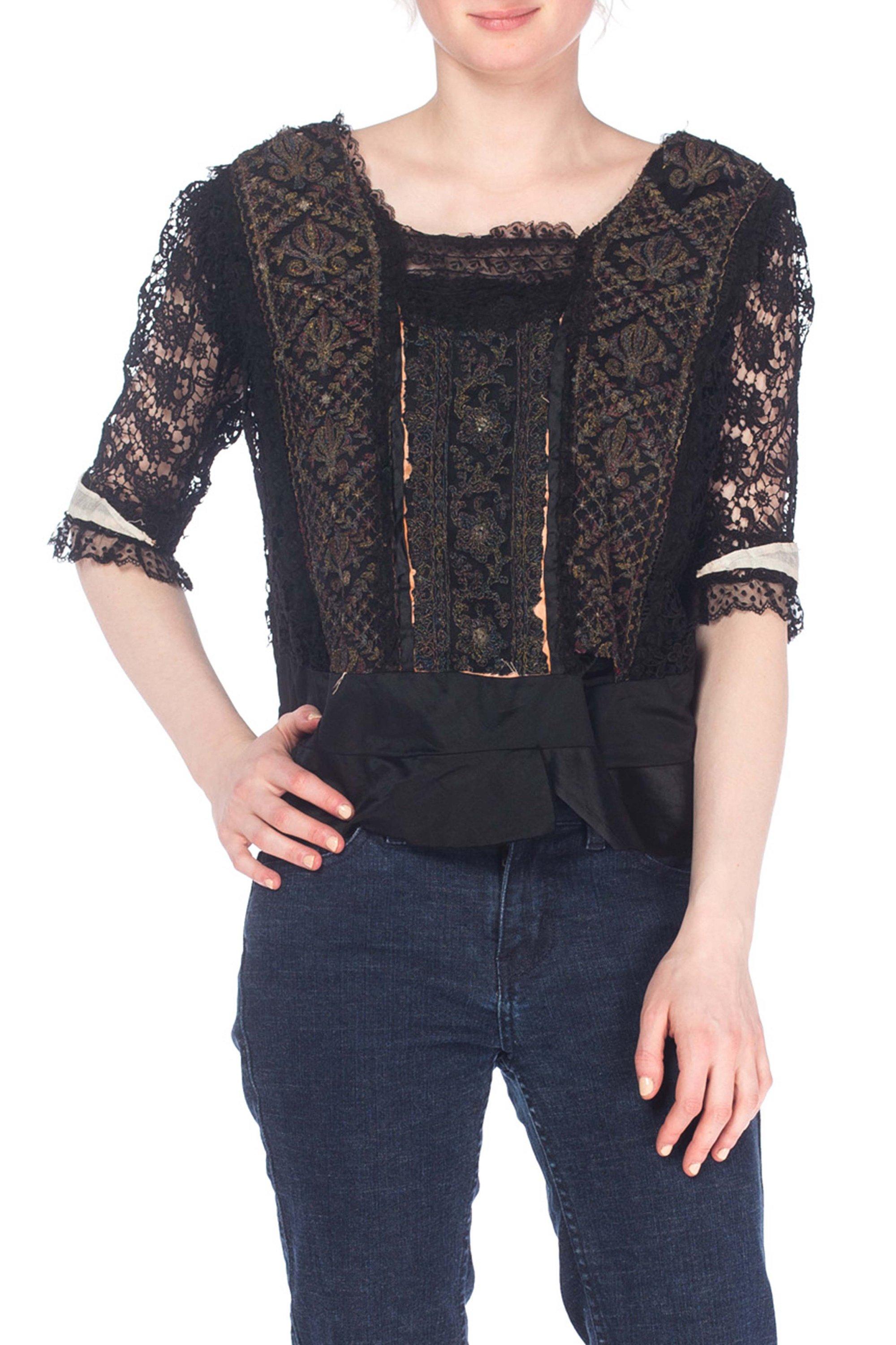 Edwardian Black Silk & Lace Top With Metallic Embroidery, As-Is For Sale 1