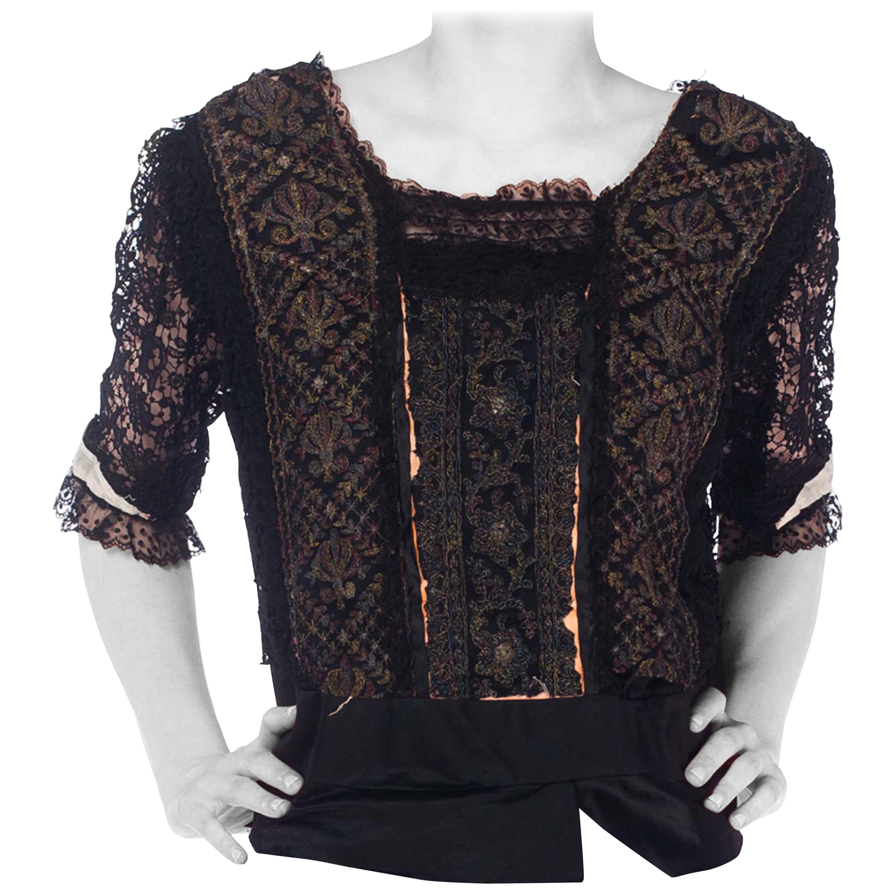 Edwardian Black Silk & Lace Top With Metallic Embroidery, As-Is For Sale