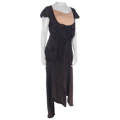 Antique Edwardian Black Silk Satin Low Scoop Dress For Layering