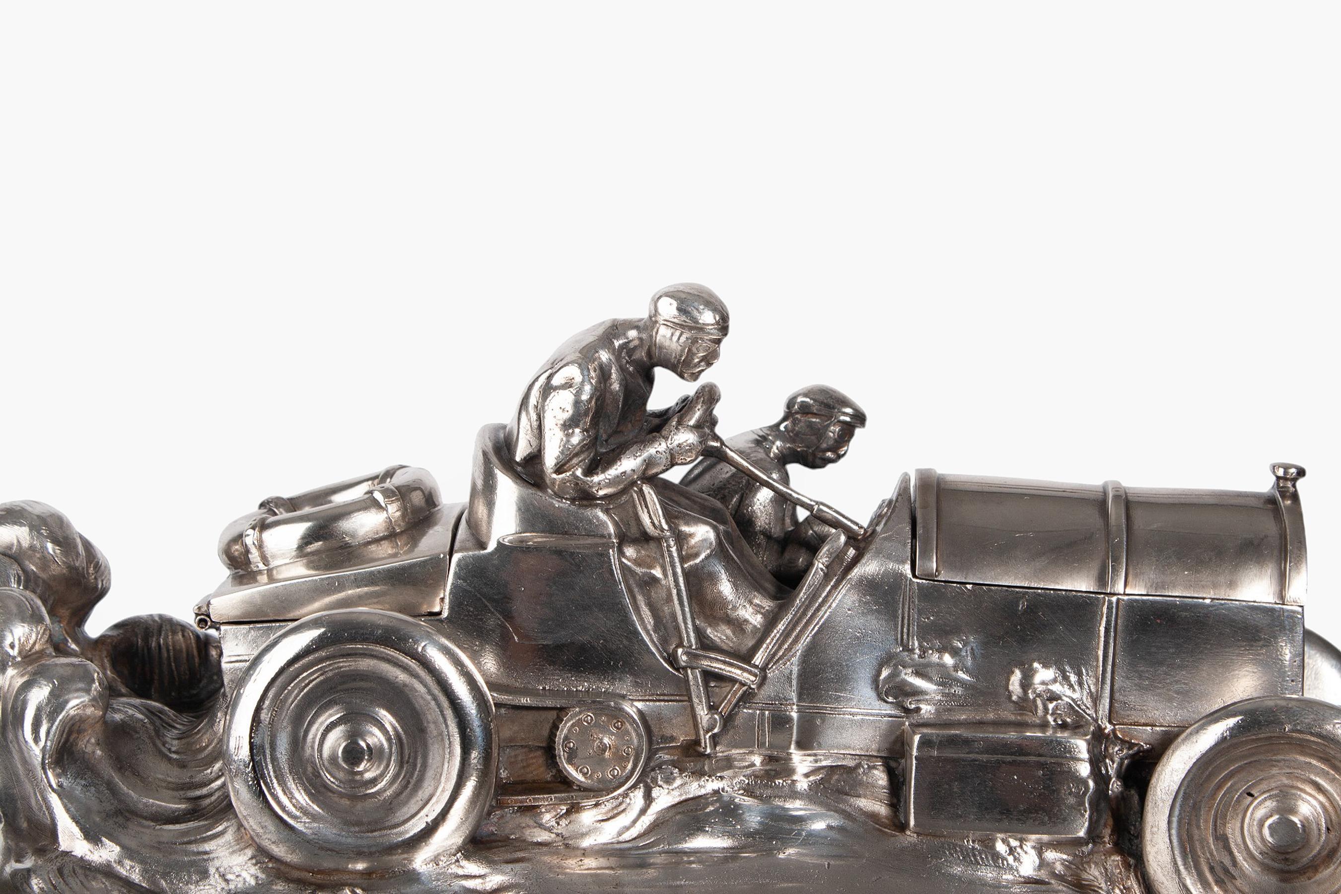 1910s Silvered Pewter Race Car Inkwell by Wilhelm Zwick for Kayserzinn, Germany 5