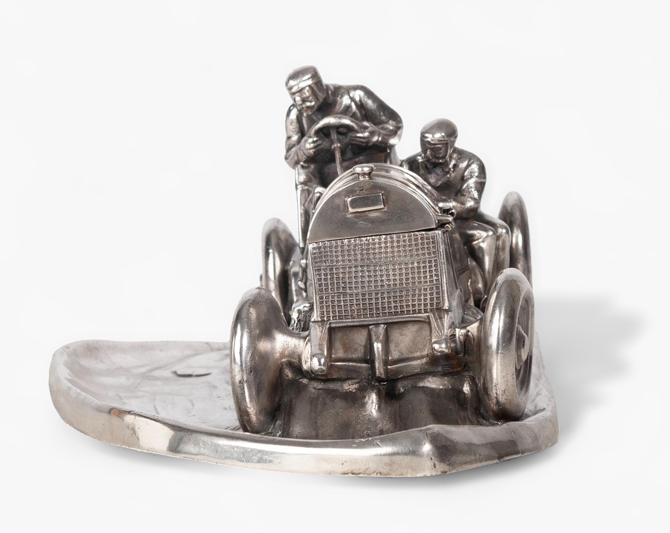 Jugendstil 1910s Silvered Pewter Race Car Inkwell by Wilhelm Zwick for Kayserzinn, Germany