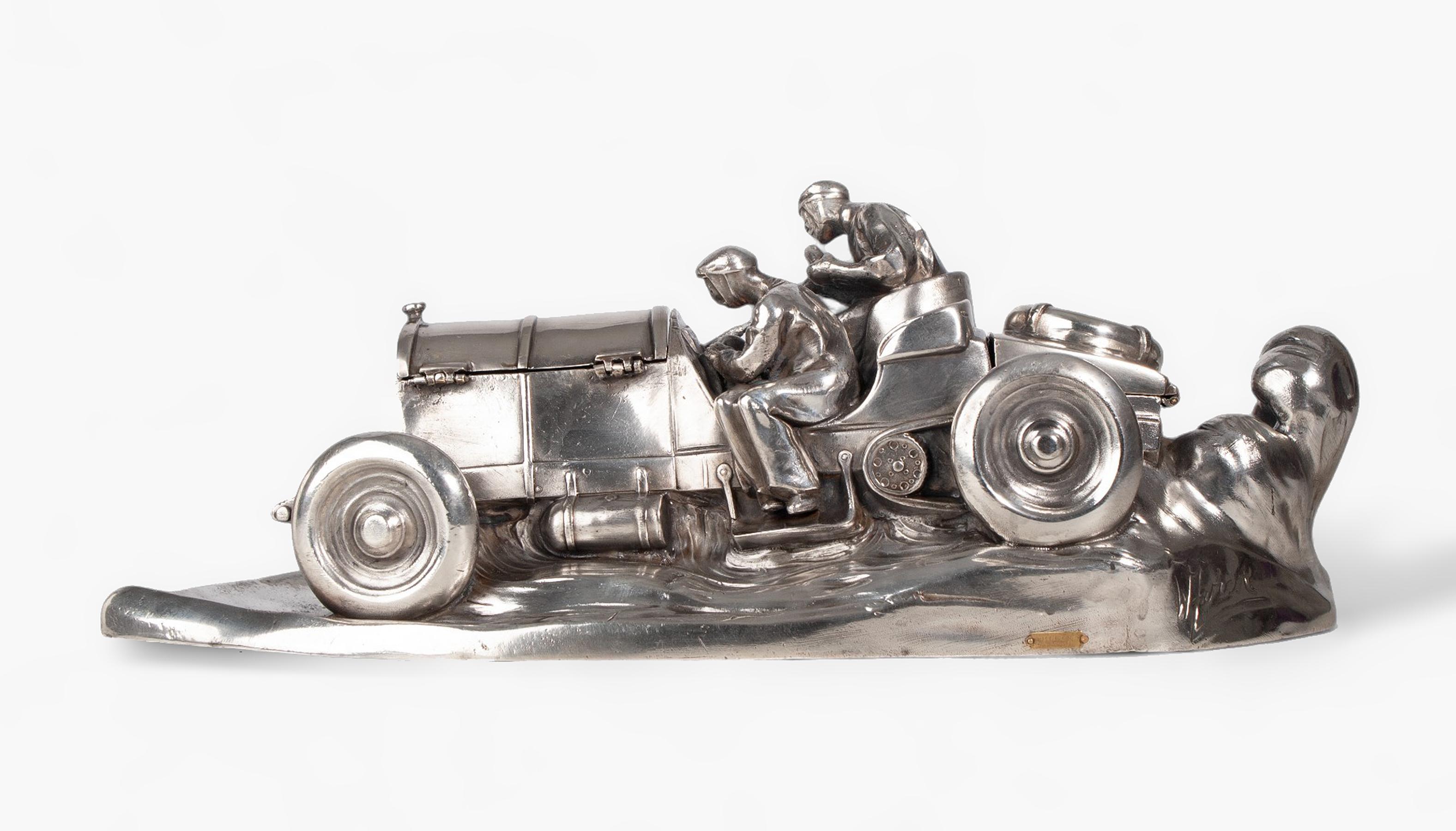 Cast 1910s Silvered Pewter Race Car Inkwell by Wilhelm Zwick for Kayserzinn, Germany