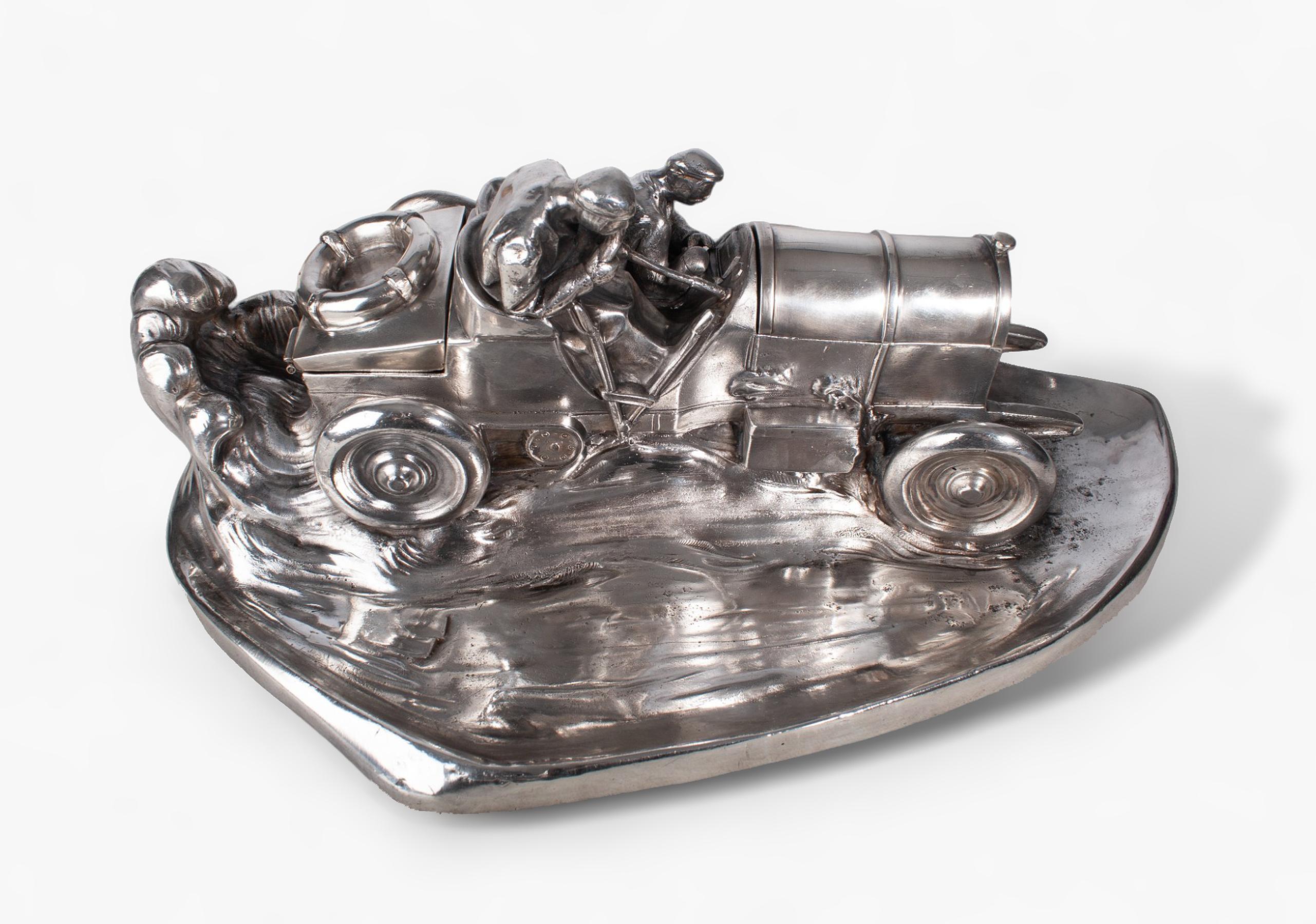 Early 20th Century 1910s Silvered Pewter Race Car Inkwell by Wilhelm Zwick for Kayserzinn, Germany