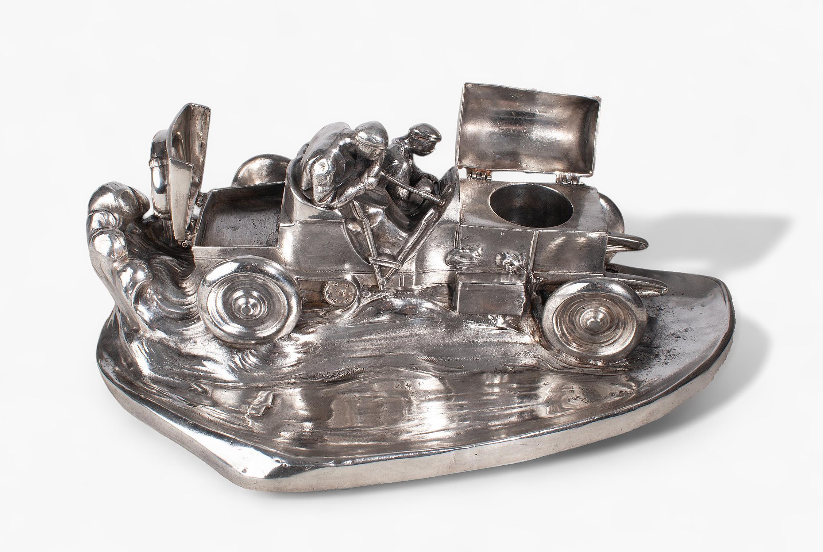 Metal 1910s Silvered Pewter Race Car Inkwell by Wilhelm Zwick for Kayserzinn, Germany