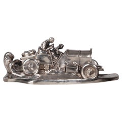 Antique 1910s Silvered Pewter Race Car Inkwell by Wilhelm Zwick for Kayserzinn, Germany
